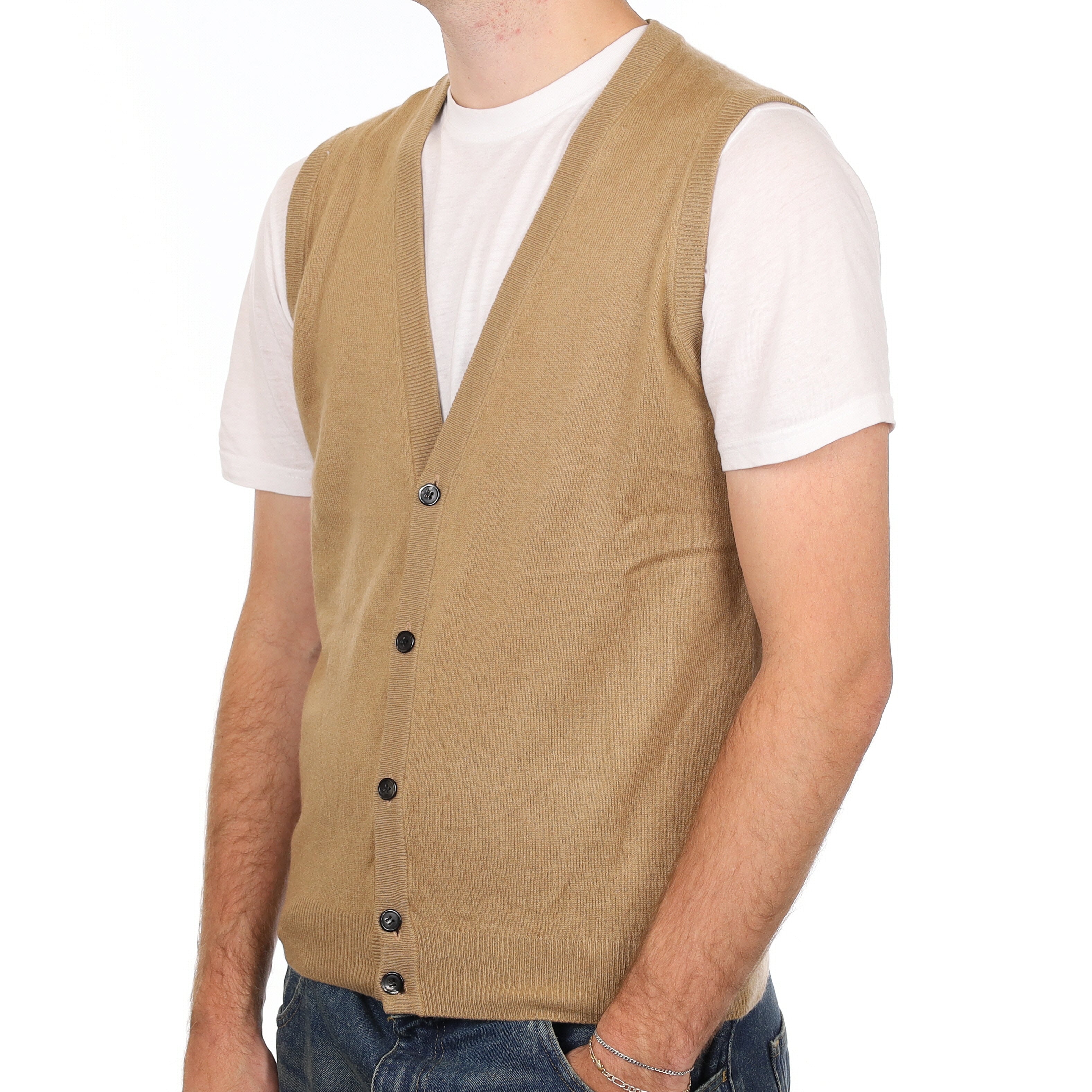 Men’s Camel Brown Cashmere V Neck Waistcoat Medium