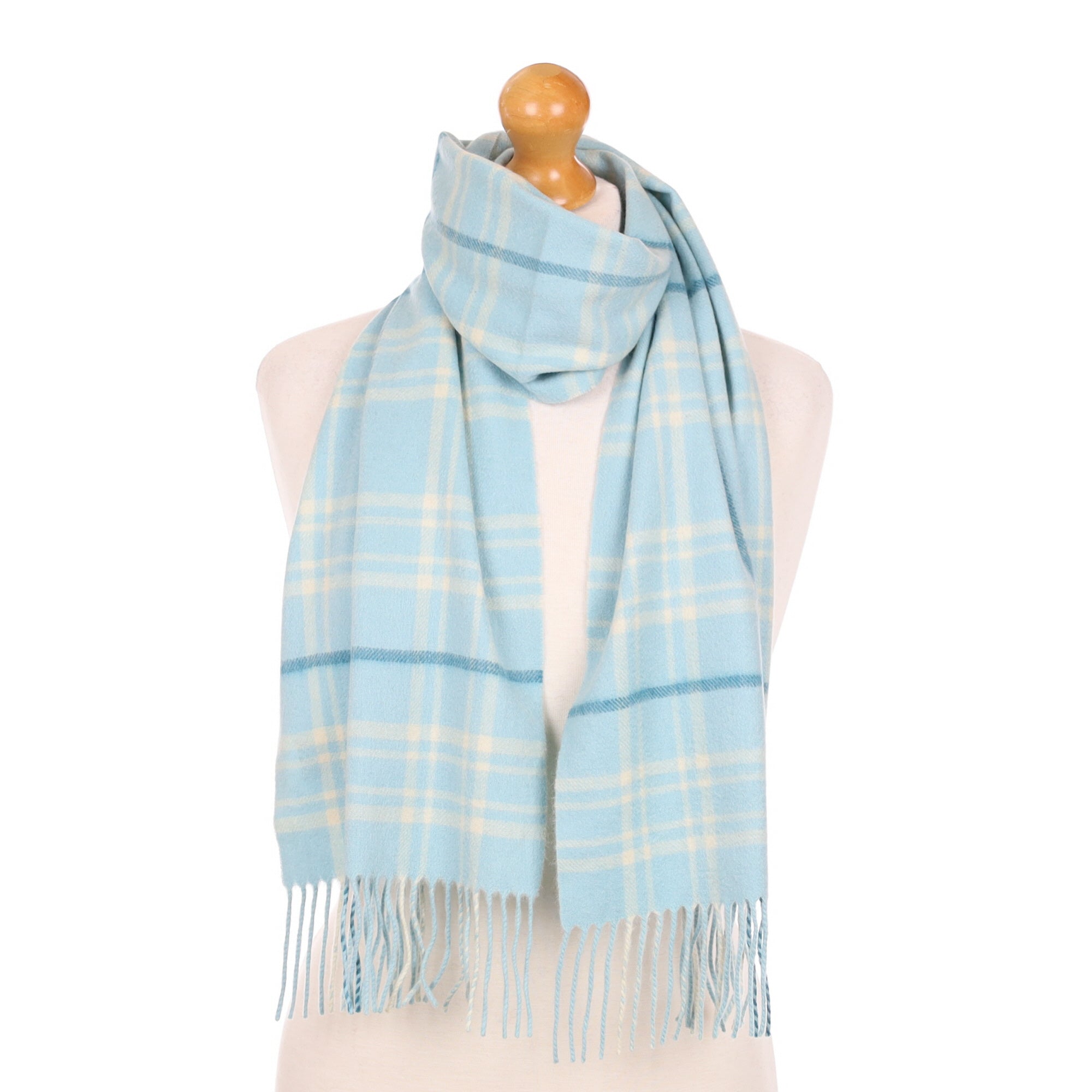 Aqua Blue Check Cashmere Fringed Woven Scarf