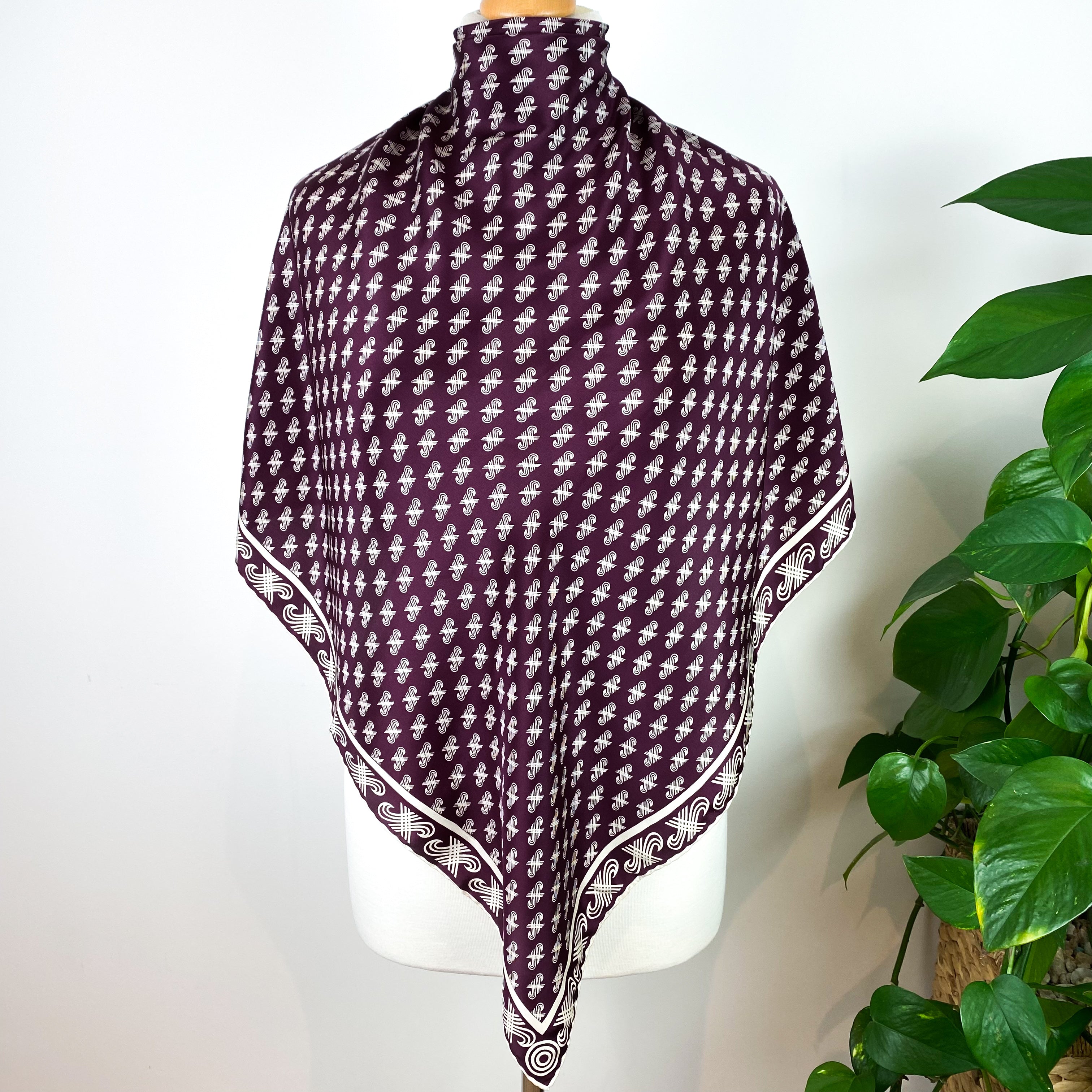 1970s Claret & Cream Jaeger Silk Scarf