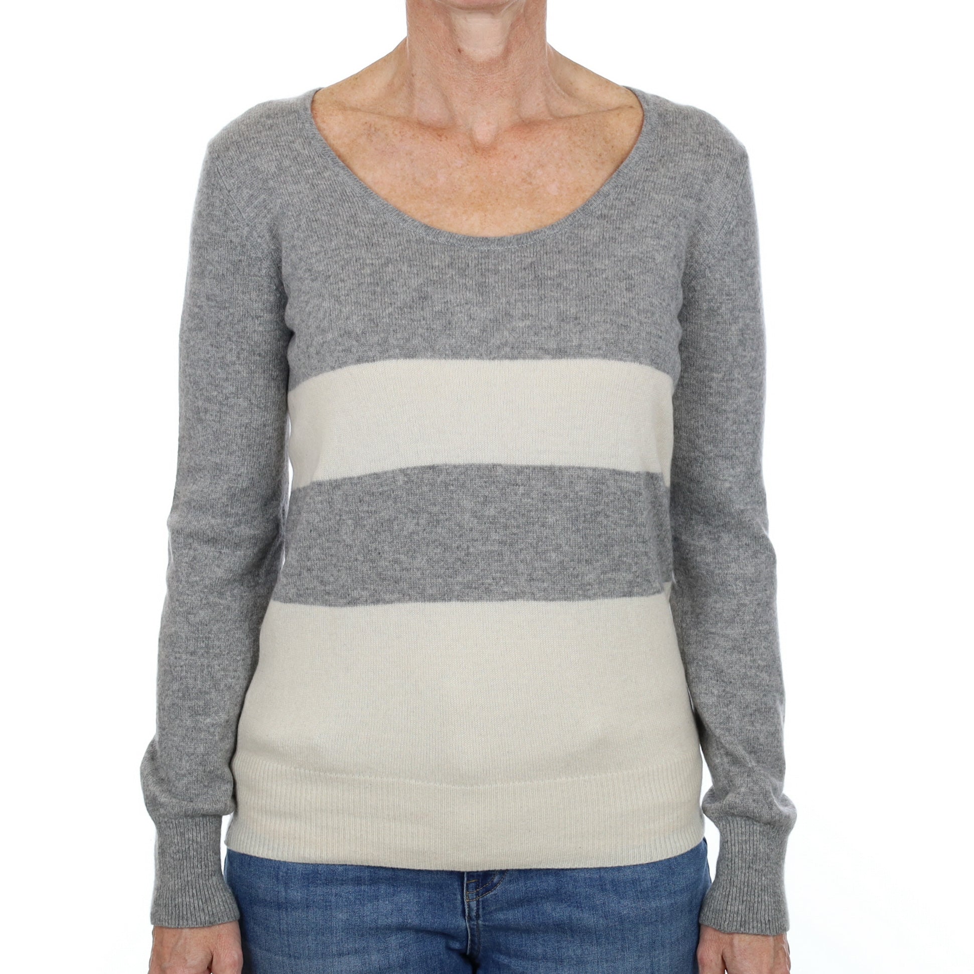 Smoke Grey and Cream Striped Cashmere Crew Neck Jumper Small