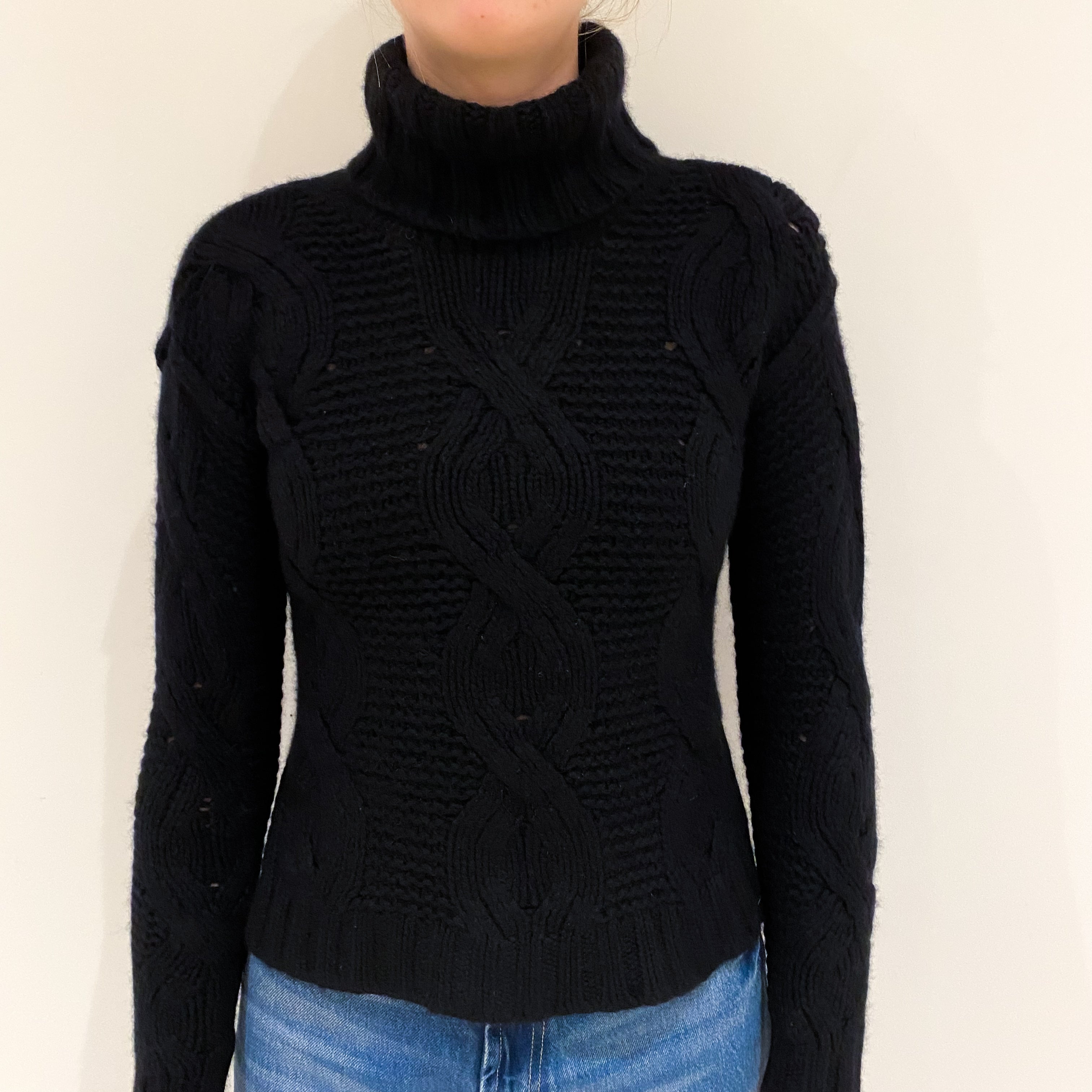 Black Chunky Cable Cashmere Polo Neck Jumper Extra Small