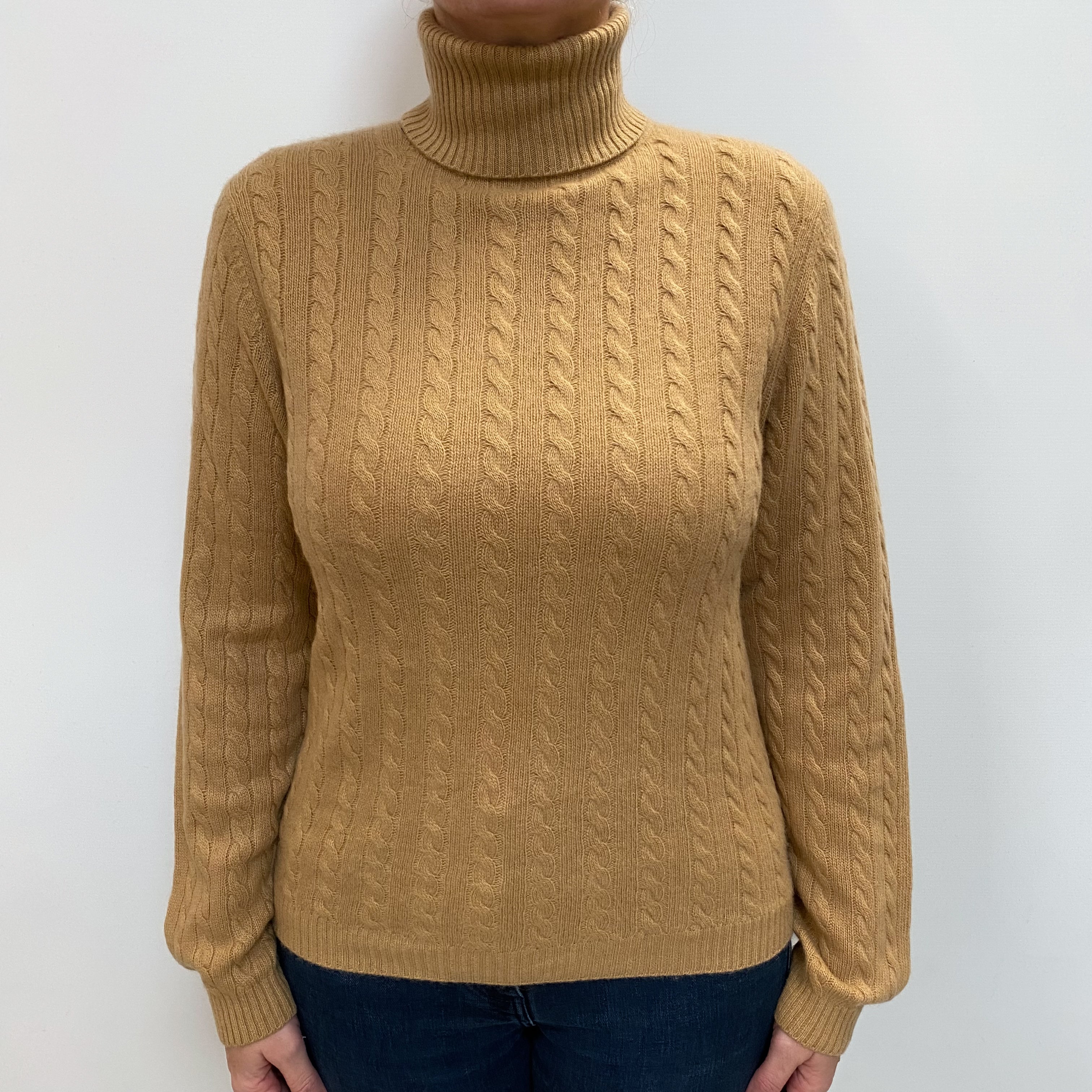Caramel Brown Cable Cashmere Polo Neck Jumper Large