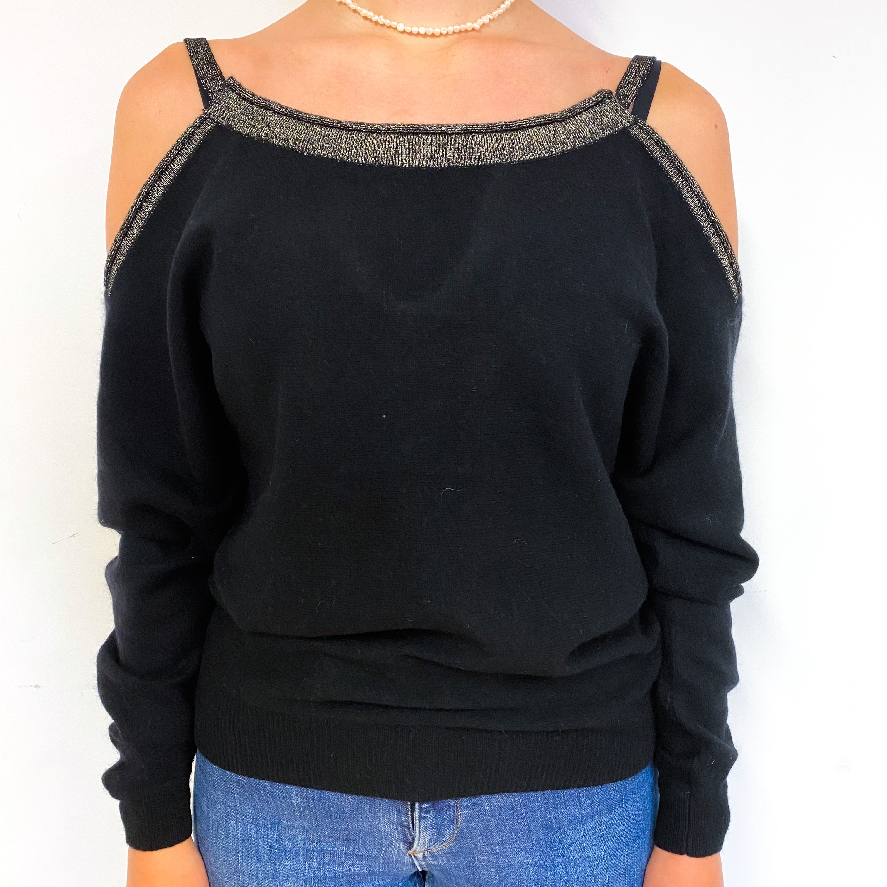 Black Gold Cold Shoulder Cashmere Crew Neck Jumper Small