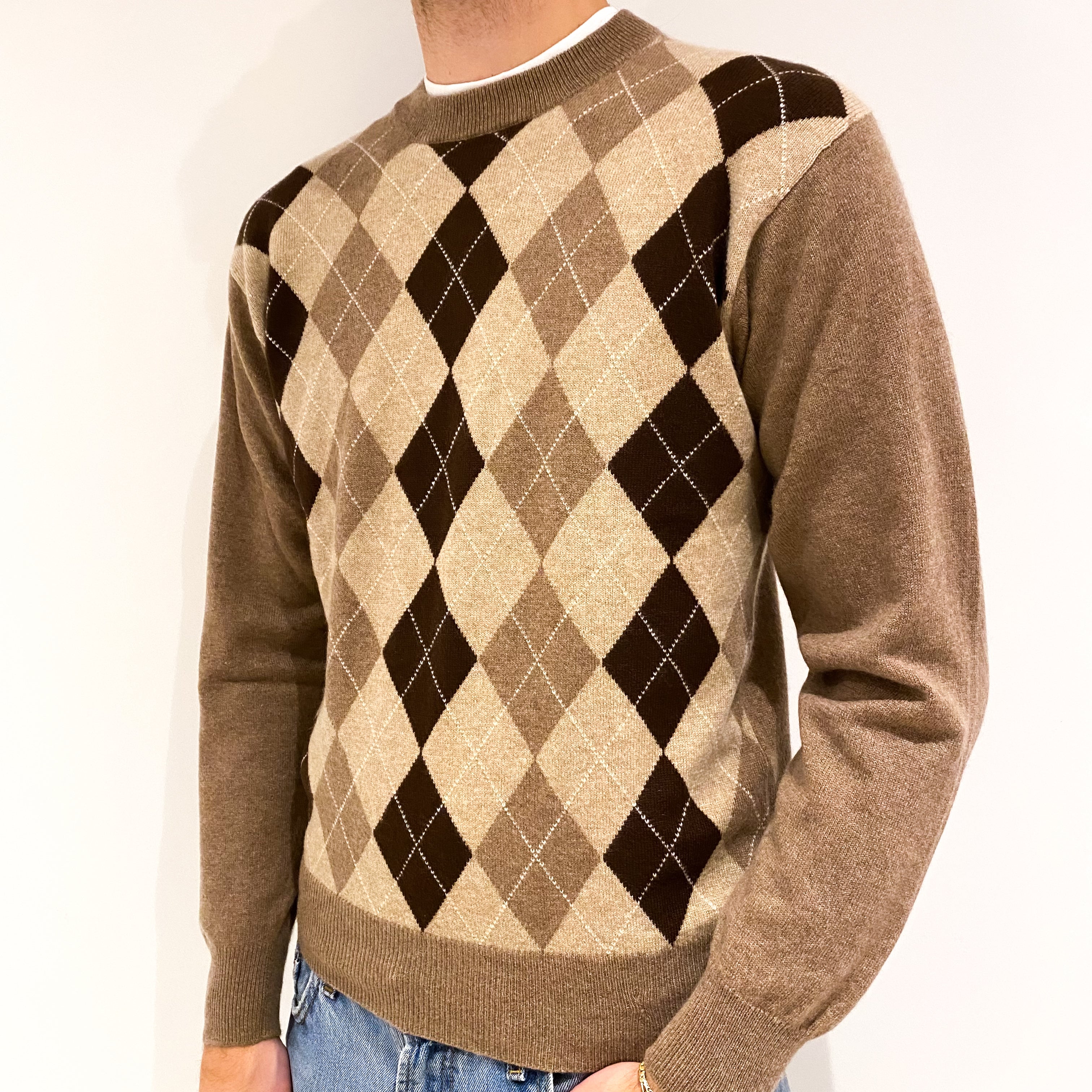 Men's Fudge Brown Argyle Pattern Cashmere Crew Neck Jumper Medium