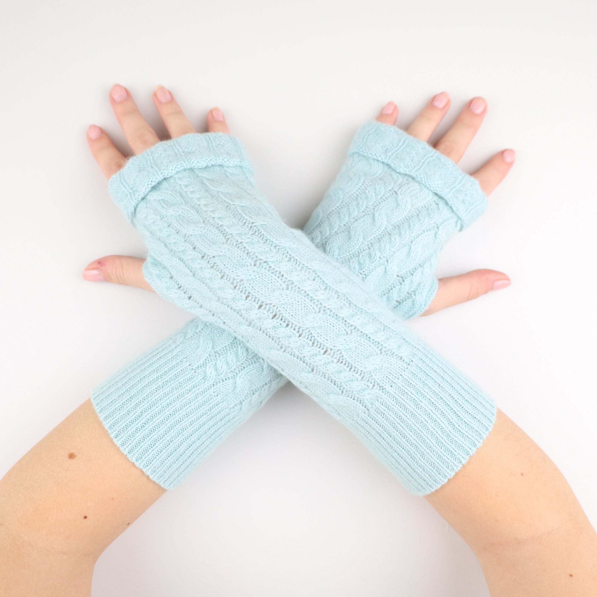 Ice Blue Textured Knit Fingerless Gloves