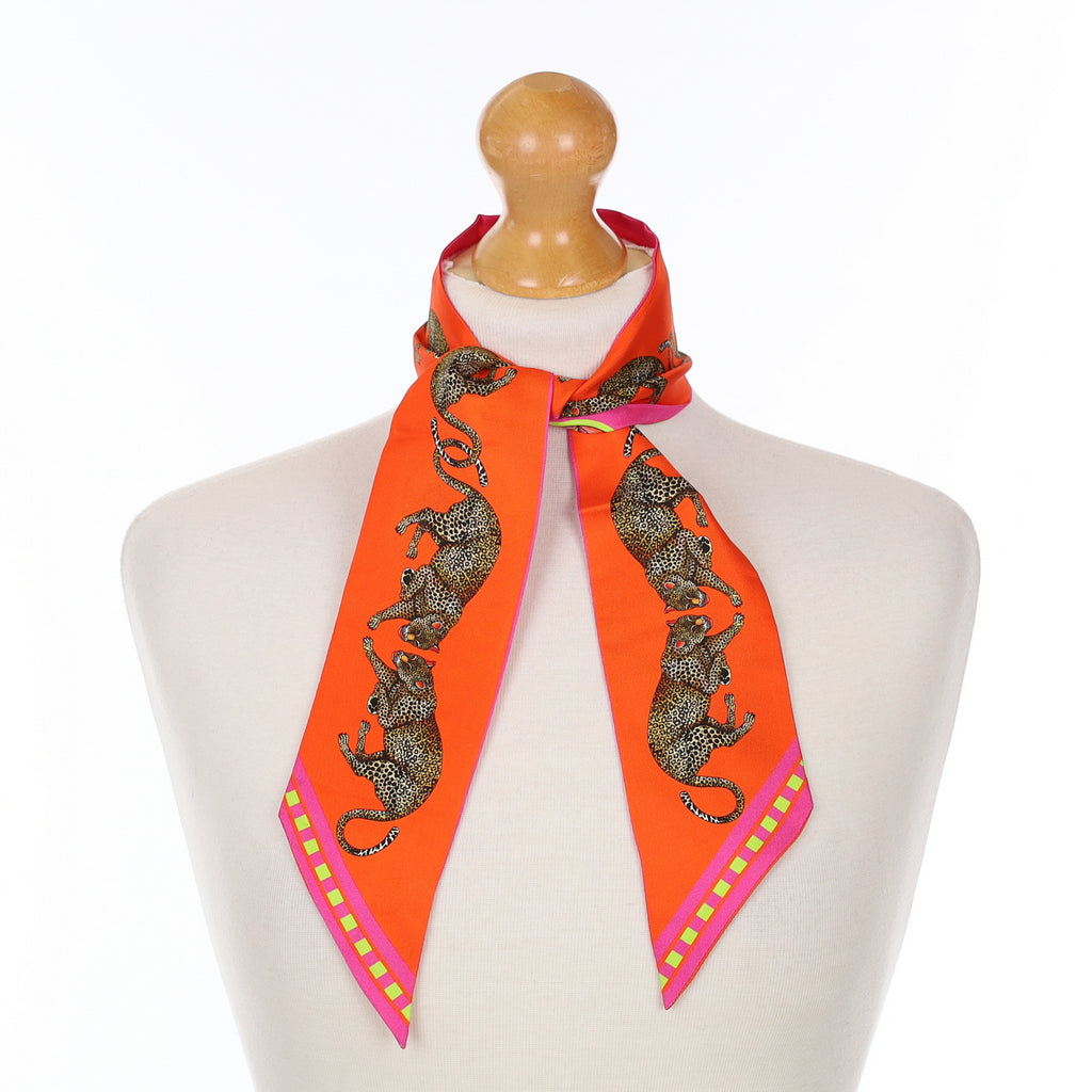Brand New Bellezza Orange & Pink Leopard Tropical Double Faced Silk Twilly
