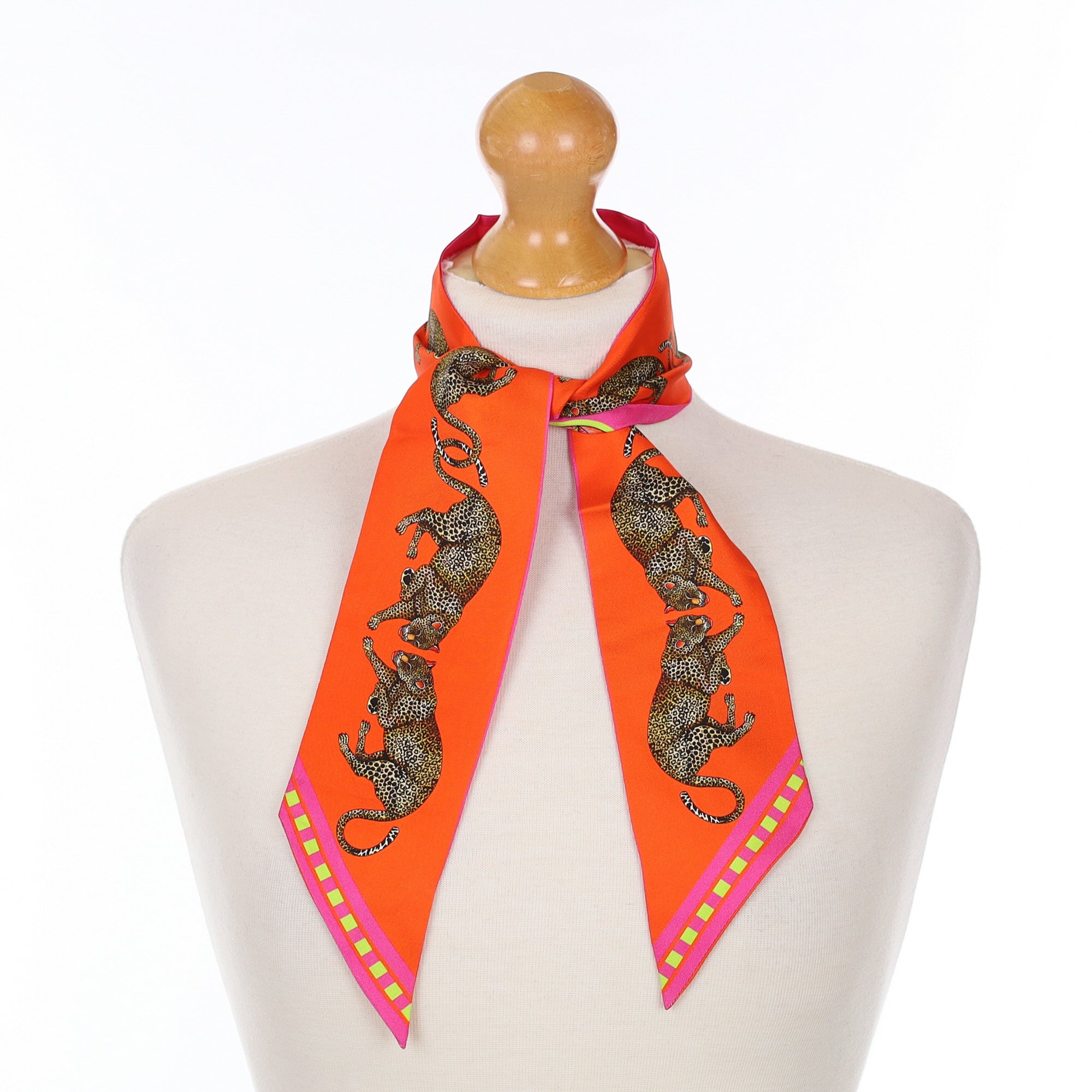 Brand New Bellezza Orange & Pink Leopard Tropical Double Faced Silk Twilly