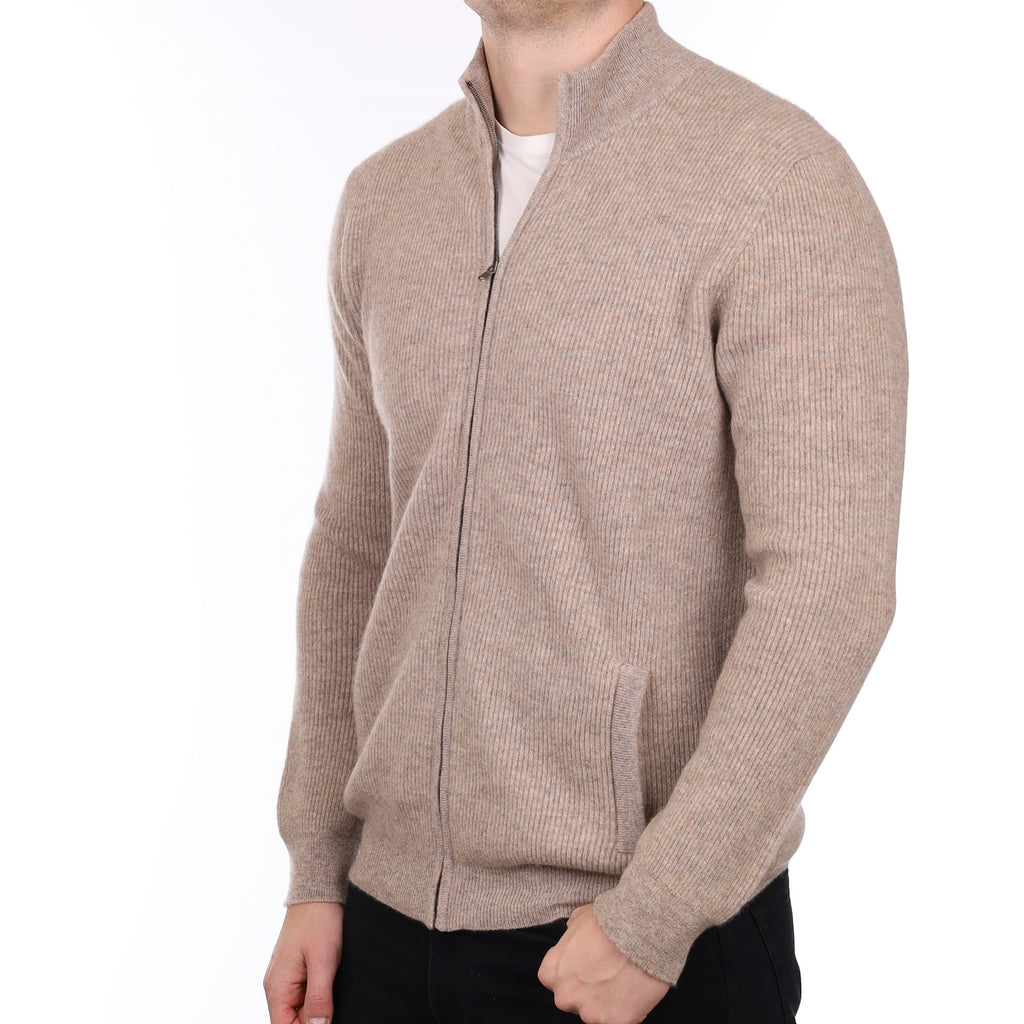 Men’s Brand New Scottish Fawn Marl Cashmere Zip Up Turtle Neck Cardigan XL