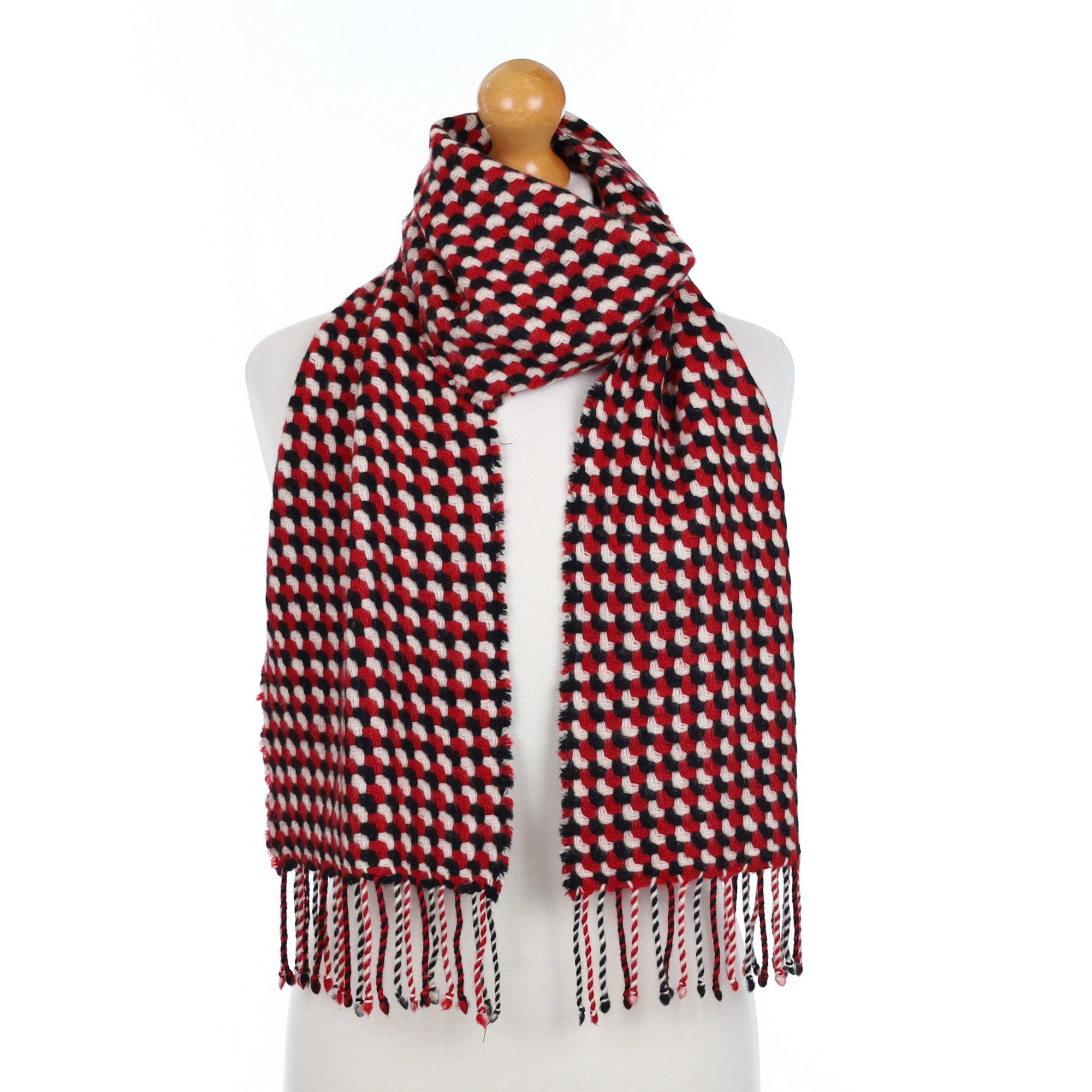 Red Black and White Cashmere Fringed Scarf