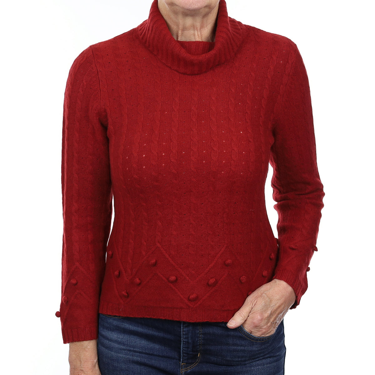 Crimson Red Textured Cashmere Polo Neck Jumper Medium