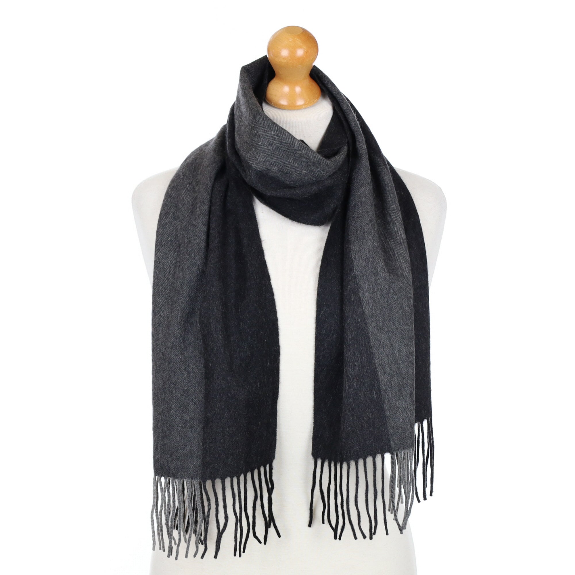 Grey Striped Fringed Cashmere Woven Scarf