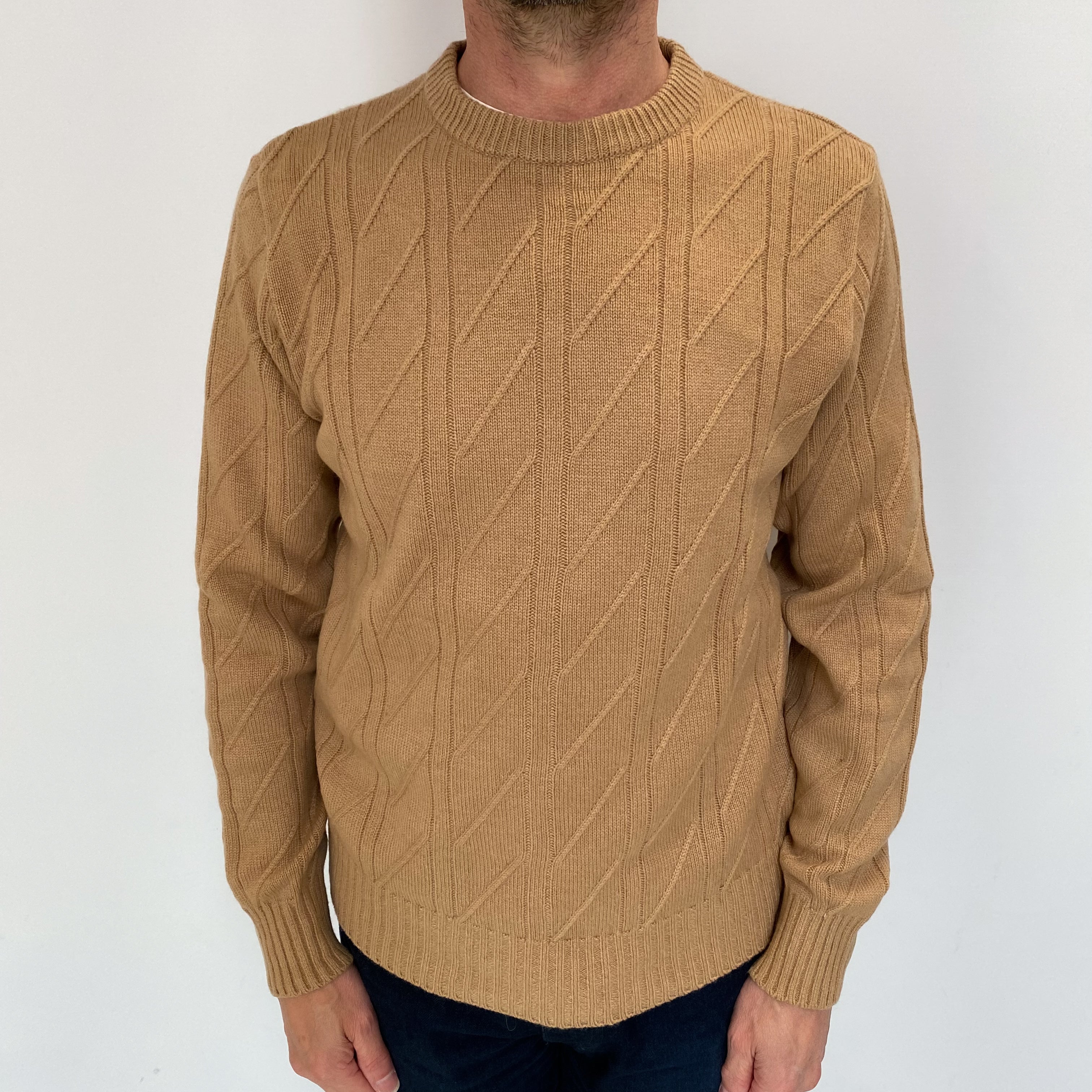 Men's Vintage Camel Brown Cashmere Crew Neck Jumper Small