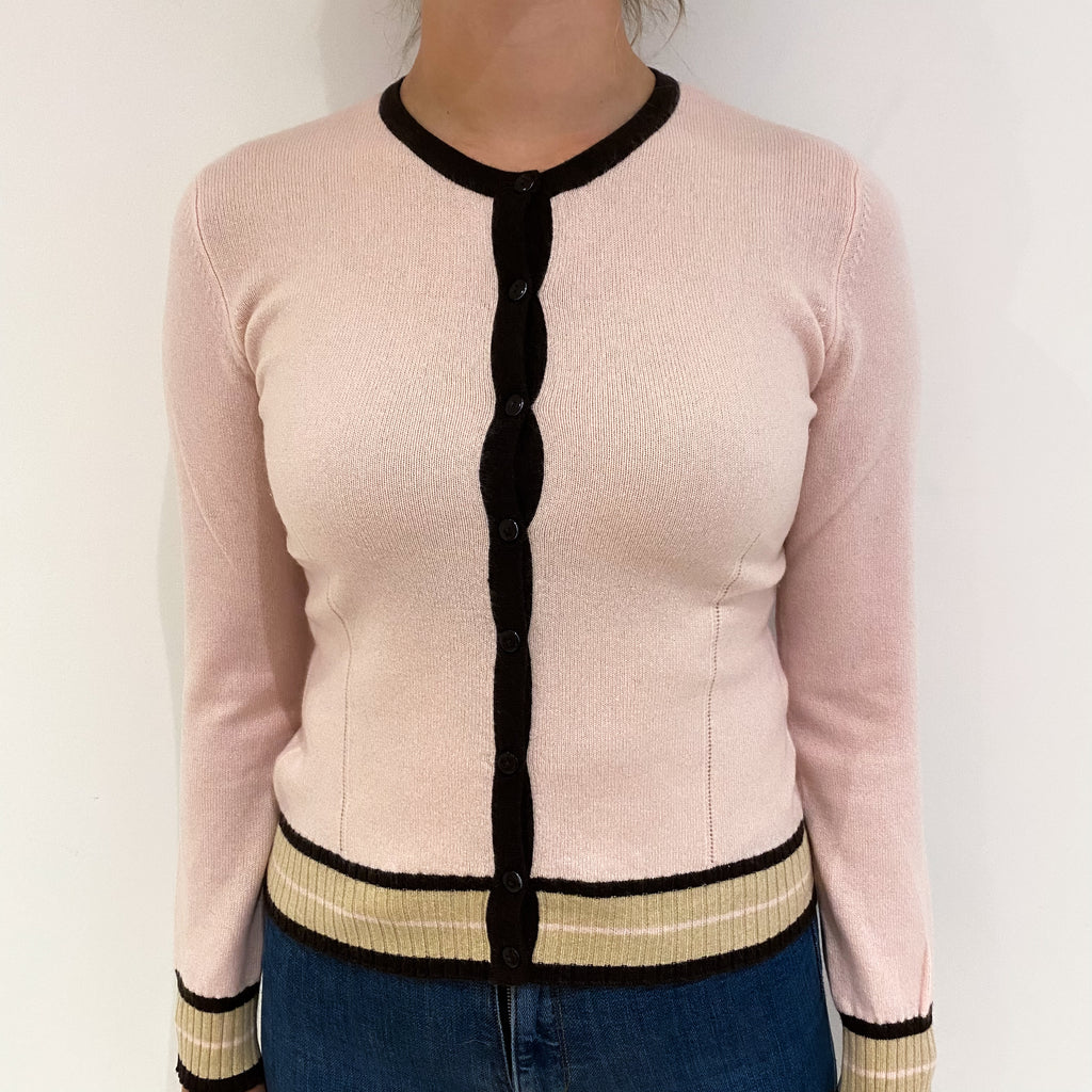 Ice Pink Black Trim Cashmere Crew Neck Cardigan Small