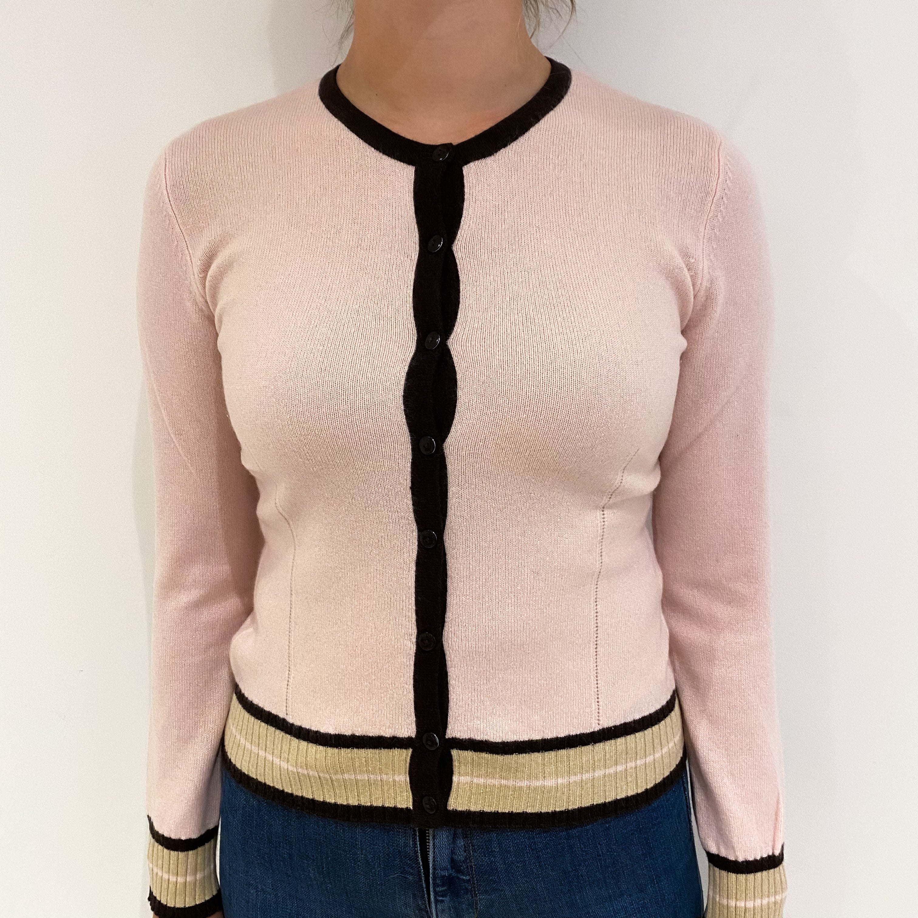 Ice Pink Black Trim Cashmere Crew Neck Cardigan Small