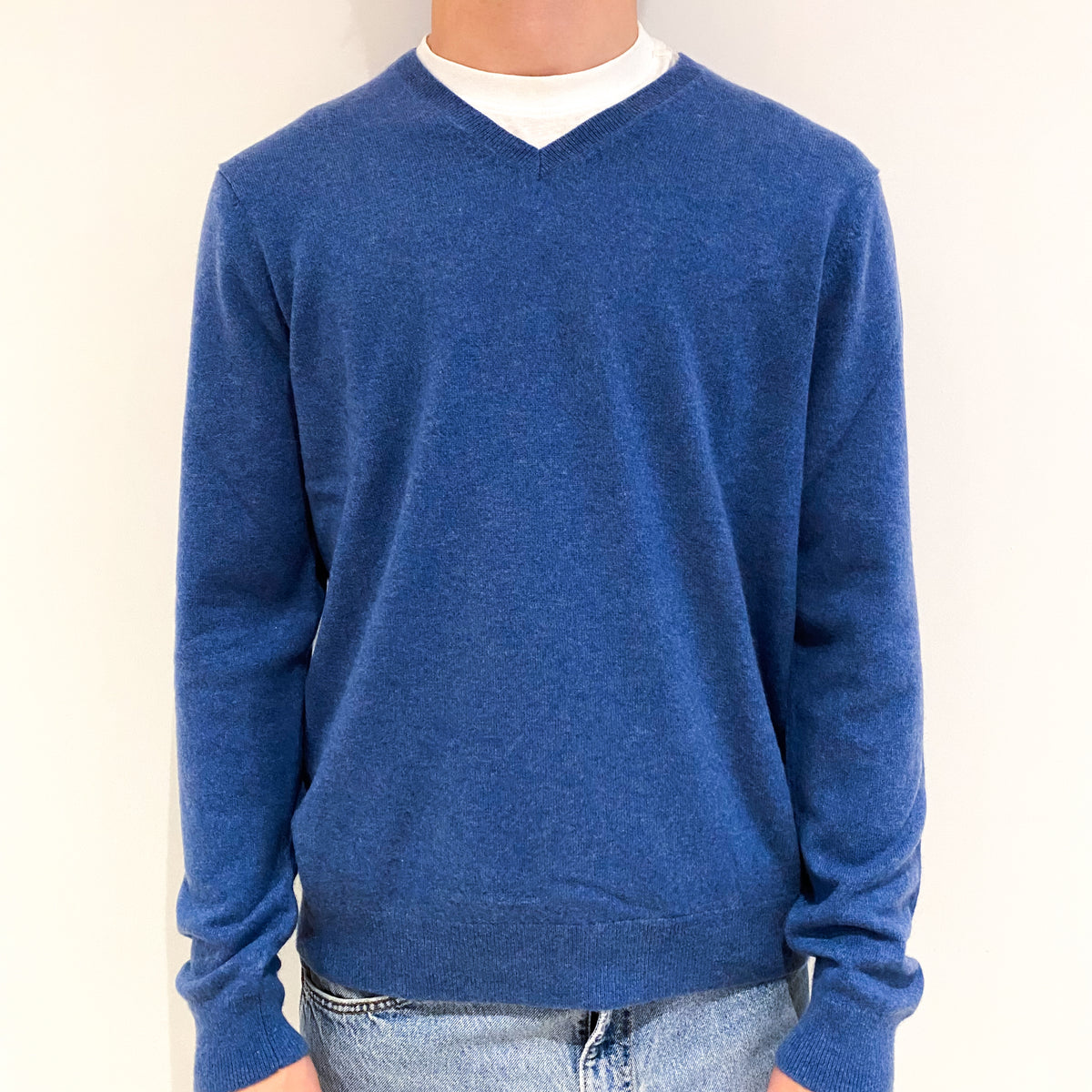Men's Air Force Blue Cashmere V-Neck Jumper Large