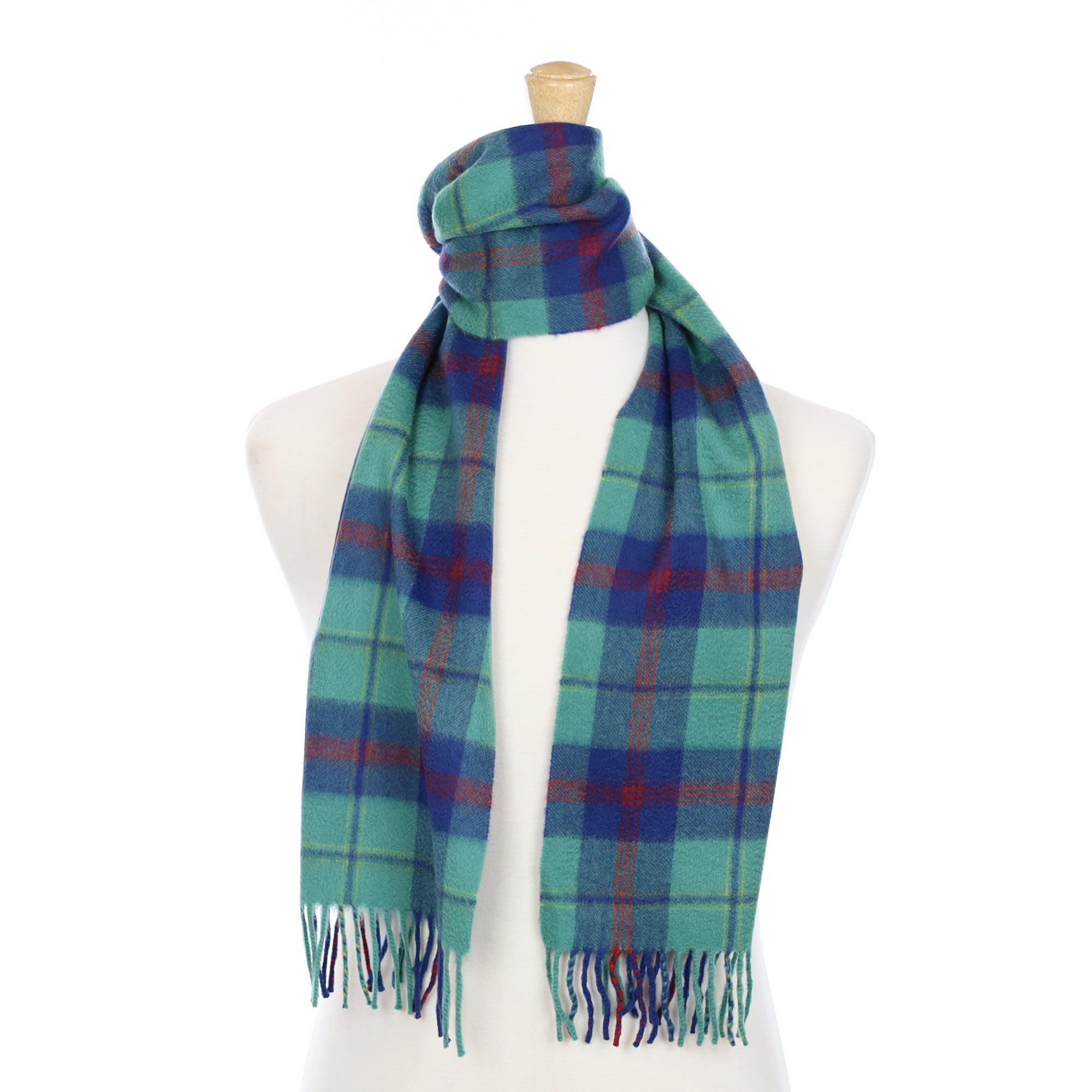 Scottish Sea Green and Blue Checked Cashmere Fringed Woven Scarf
