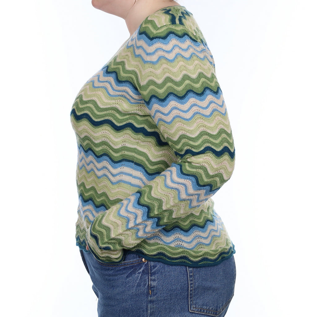 Green Swirl Lace Knit Cashmere V Neck Jumper Large