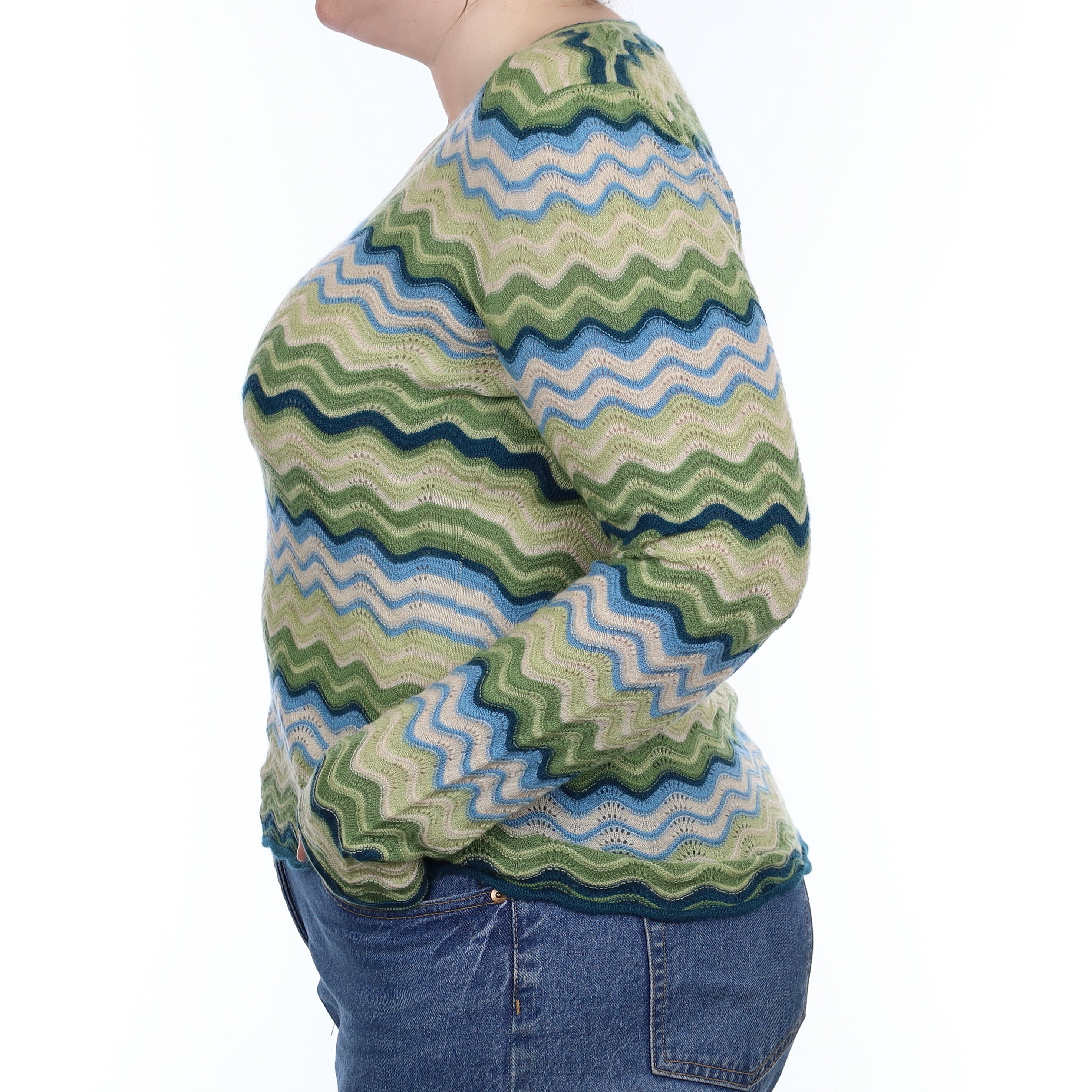 Green Swirl Lace Knit Cashmere V Neck Jumper Large