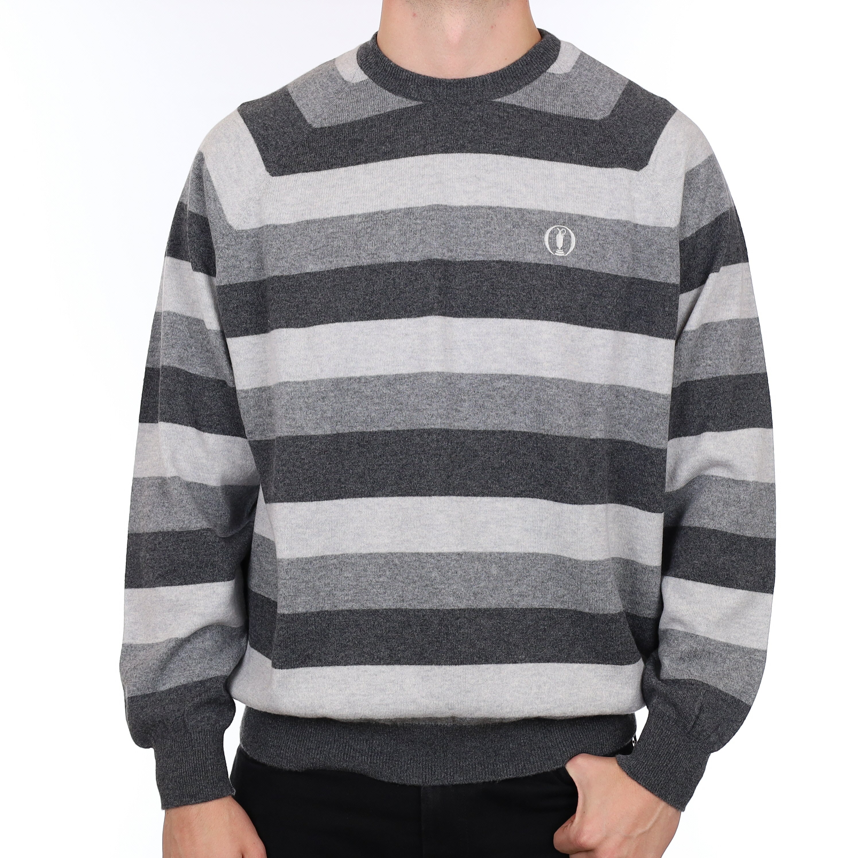 Men’s Brand New Scottish Hawico Golf Grey Stripe Cashmere Crew Neck Jumper 4XL