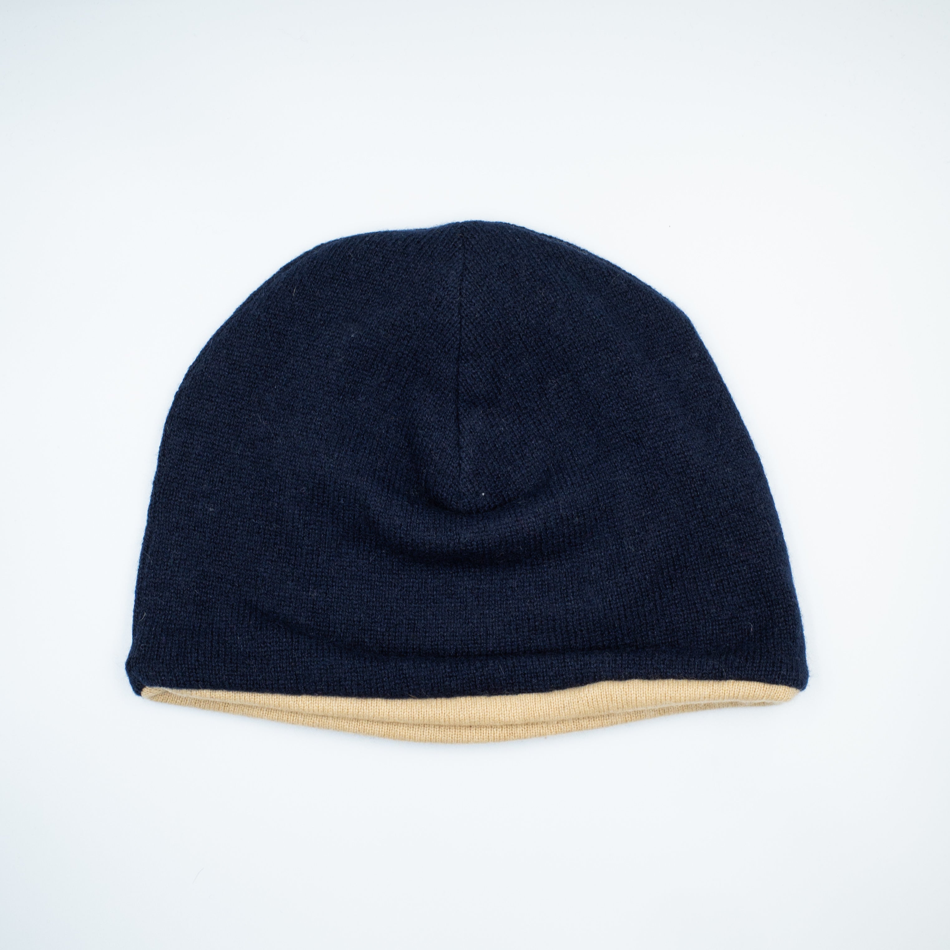 Navy Blue and Caramel Brown Cashmere Beanie Hat