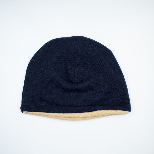 Navy Blue and Caramel Brown Cashmere Beanie Hat