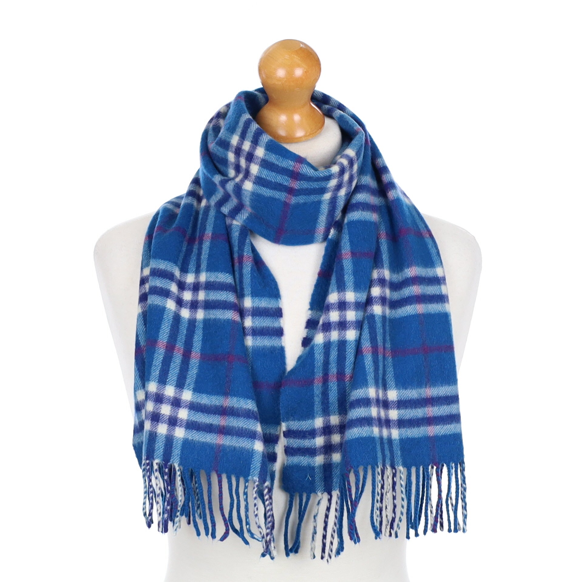 Burberry Peacock Blue Checked Fringed Cashmere Woven Scarf