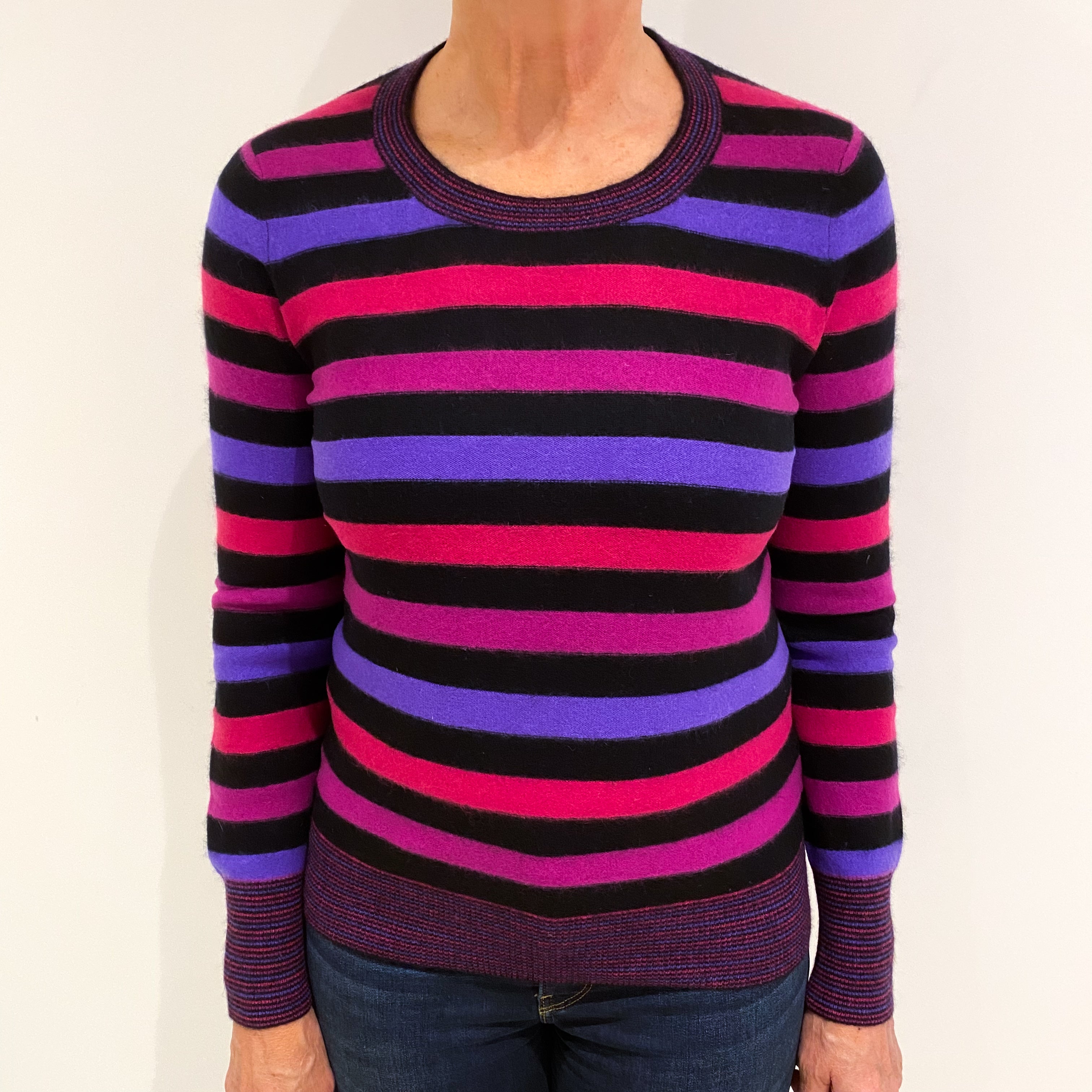 Black Pink Purple Stripe Cashmere Crew Neck Jumper Medium