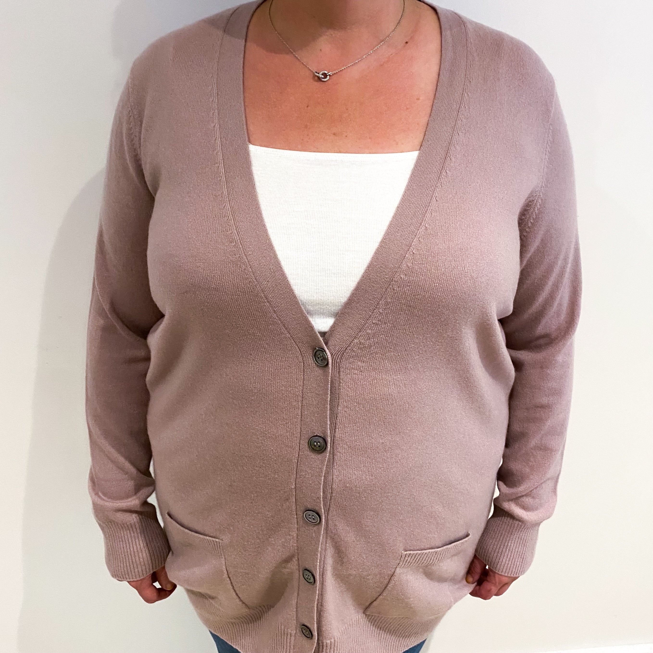 Faded Heather Pink Cashmere V Neck Cardigan with Pockets Extra Large
