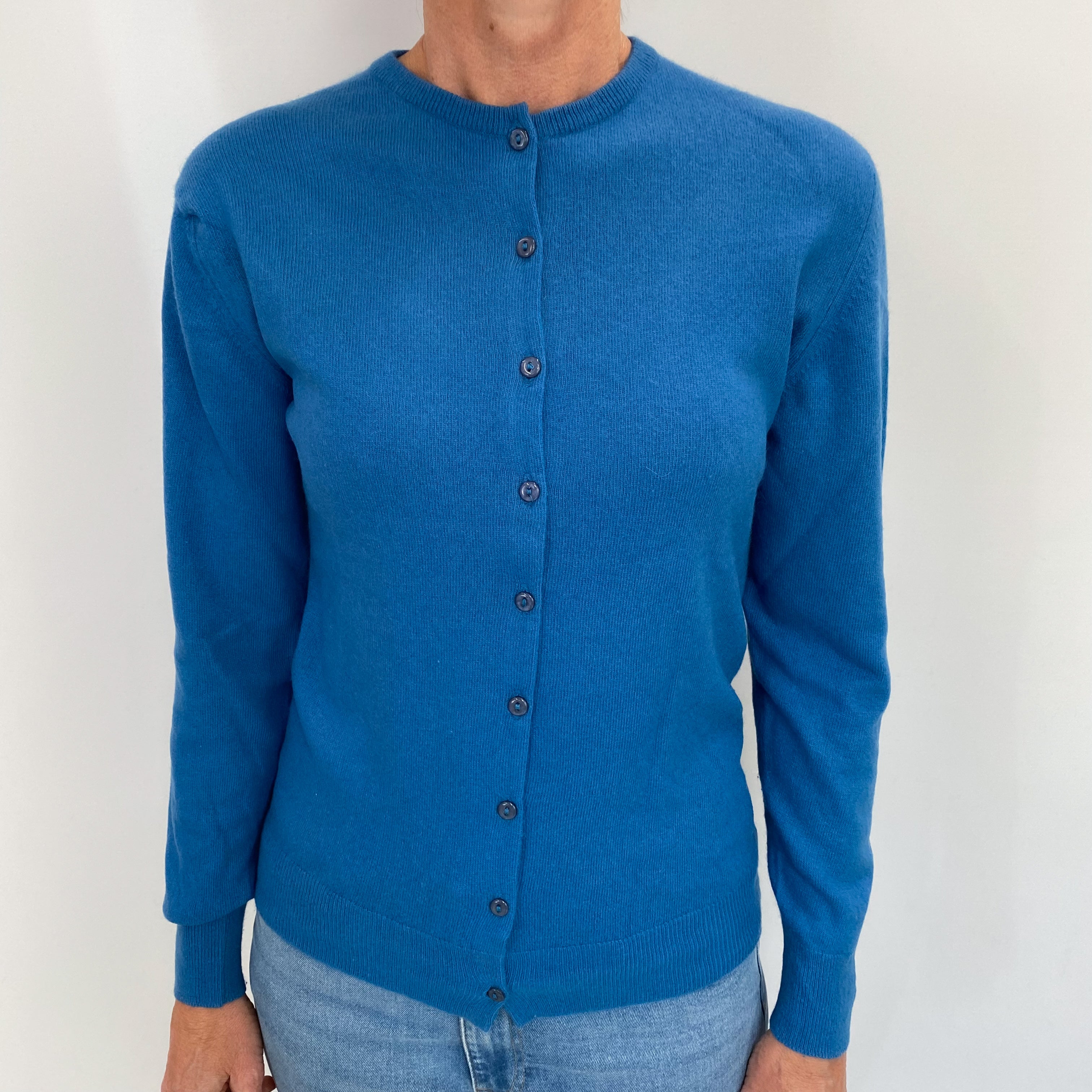 Vintage Harrods Peacock Blue Cashmere Crew Neck Cardigan Small