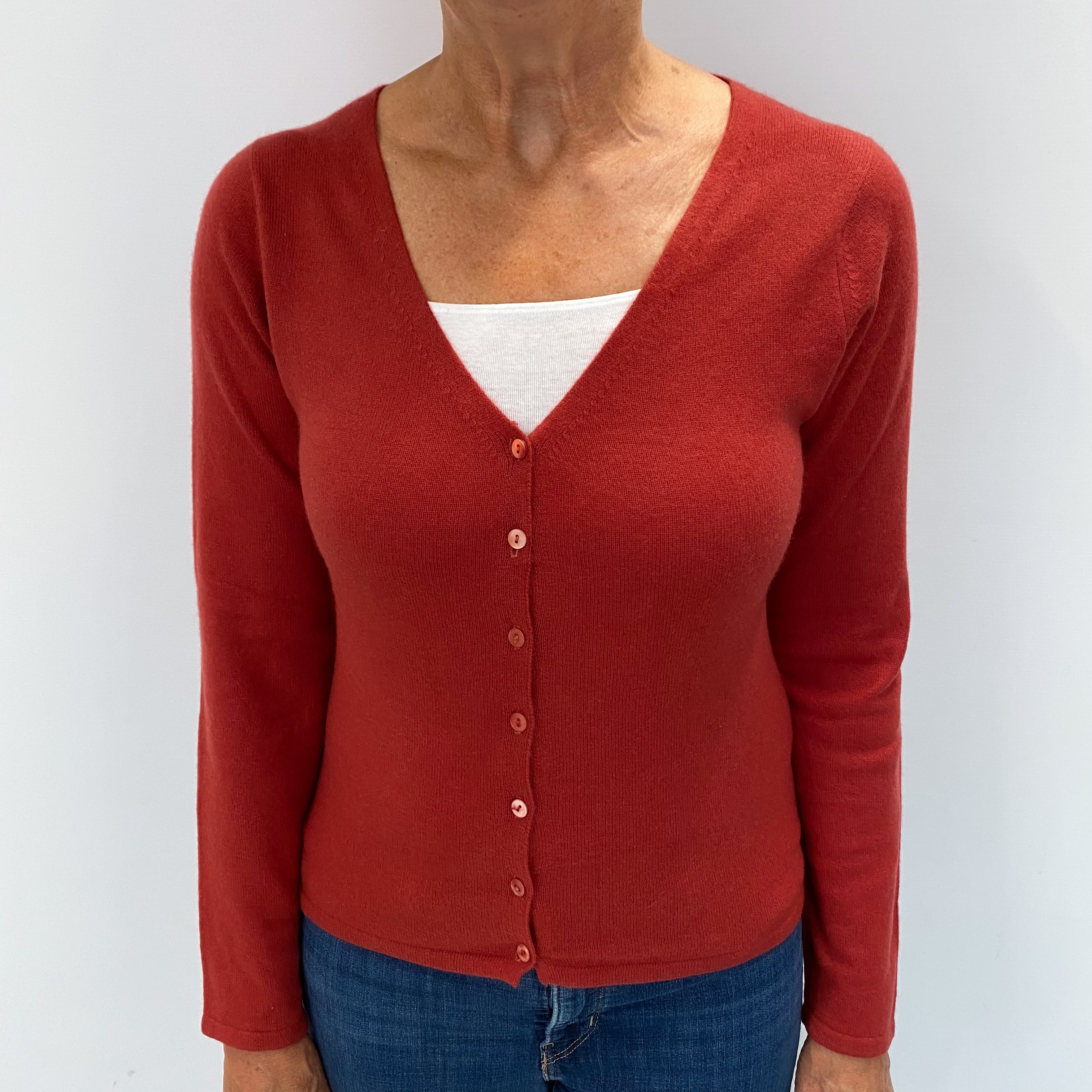 Brick Red Cashmere V Neck Cardigan Medium