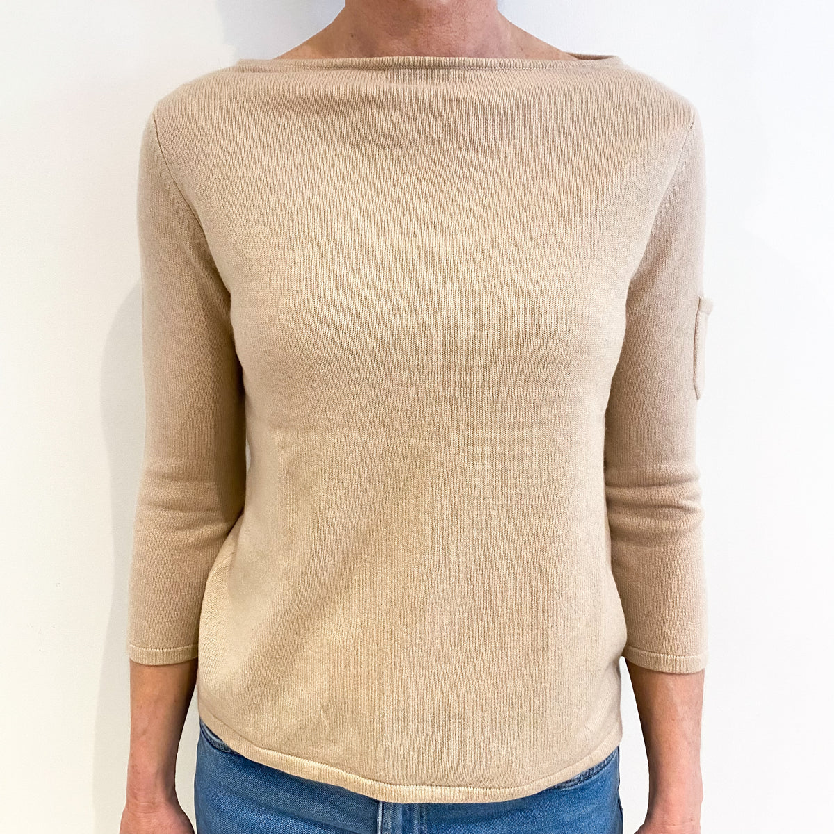 Soft Beige Cashmere Slash Neck Jumper Small