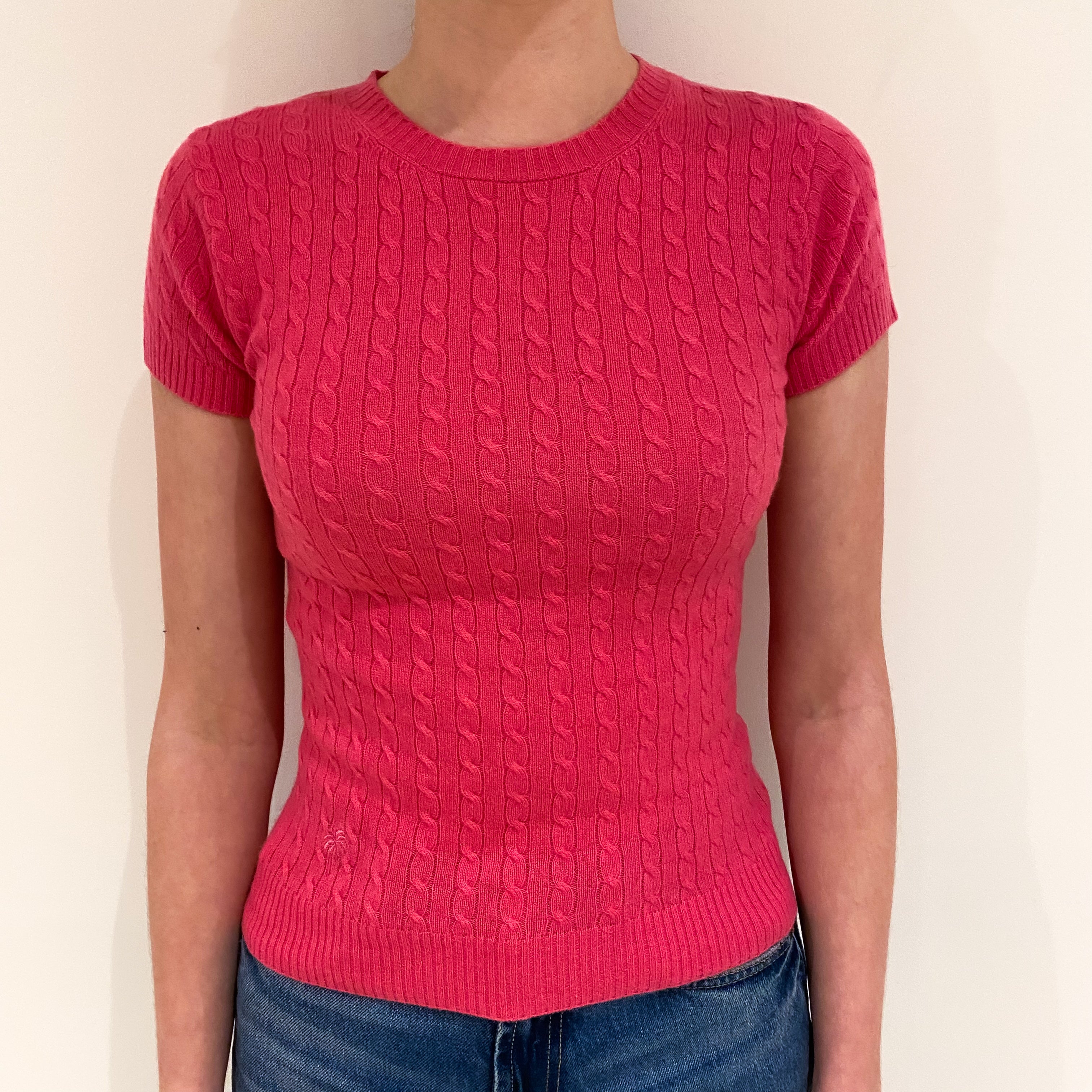 Rose Pink Cable Cashmere Short Sleeved Crew Neck Jumper Extra Small