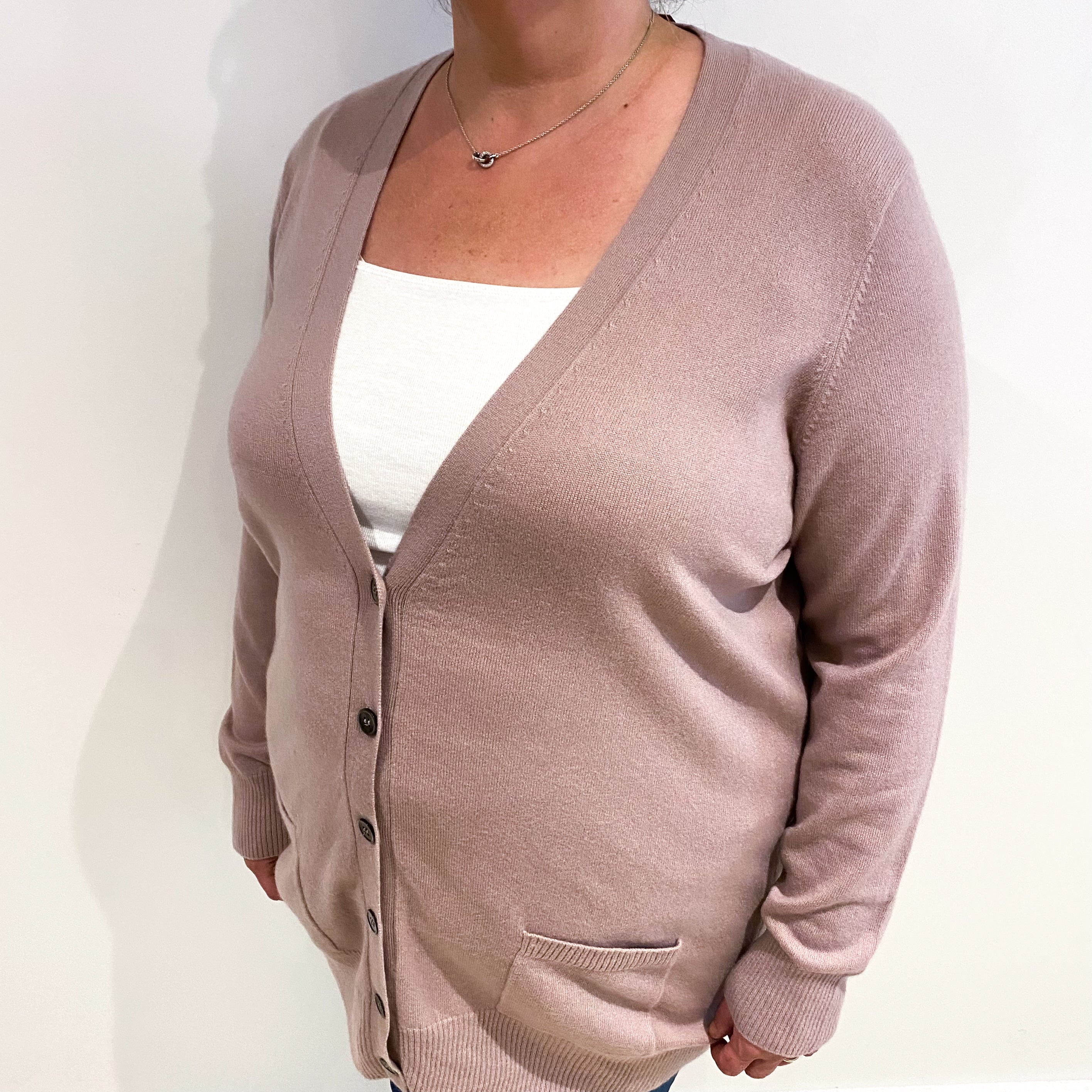 Faded Heather Pink Cashmere V Neck Cardigan with Pockets Extra Large