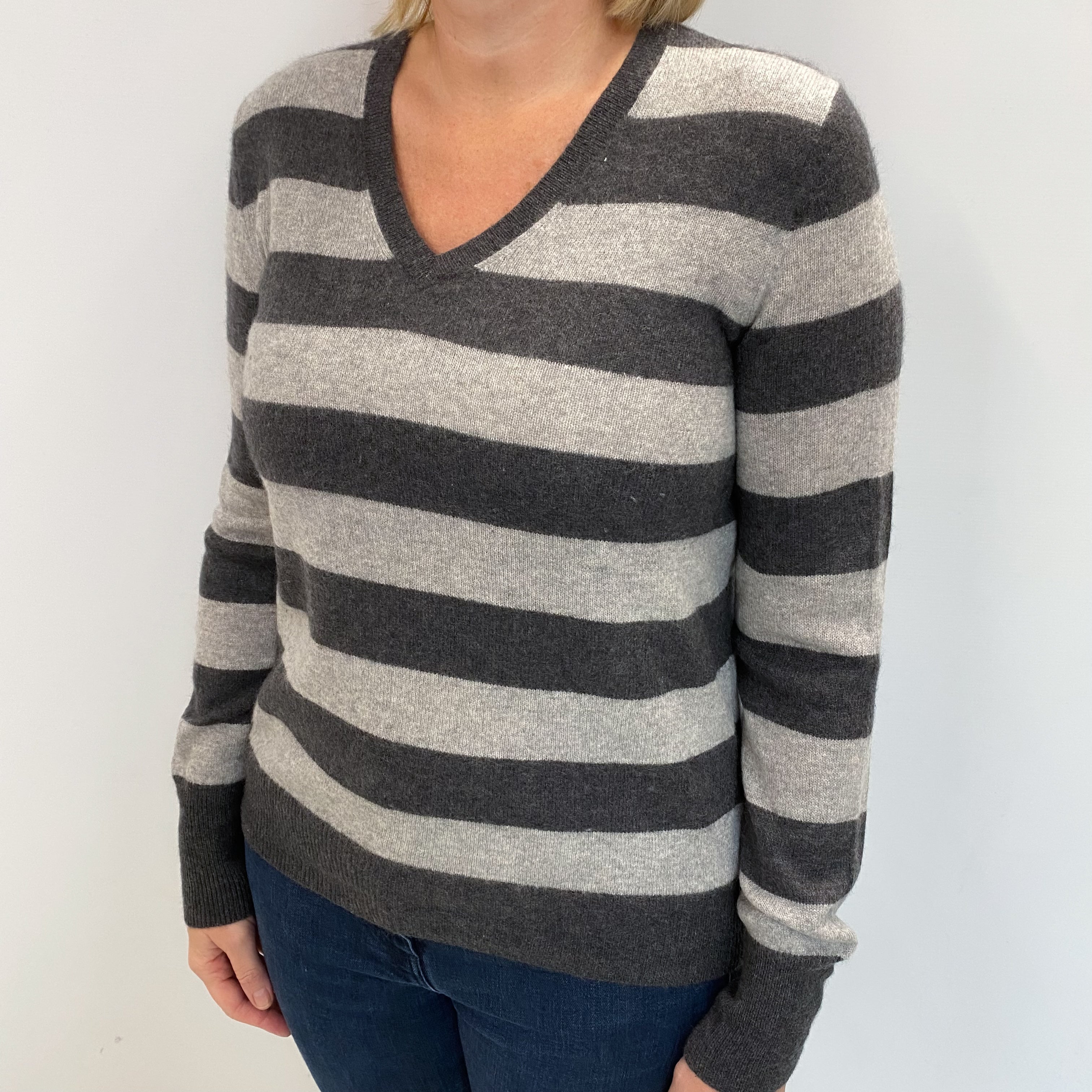 Grey Striped Cashmere V Neck Jumper Large