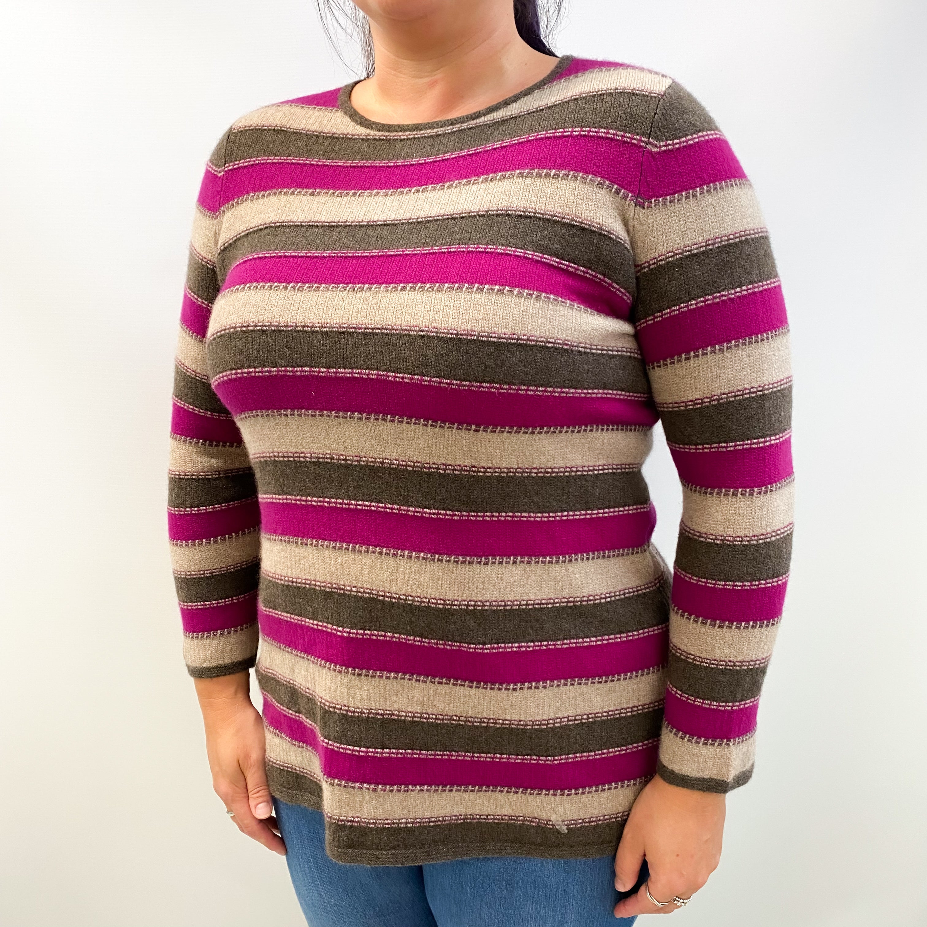 Brown and Purple Striped Cashmere Crew Neck Jumper Large