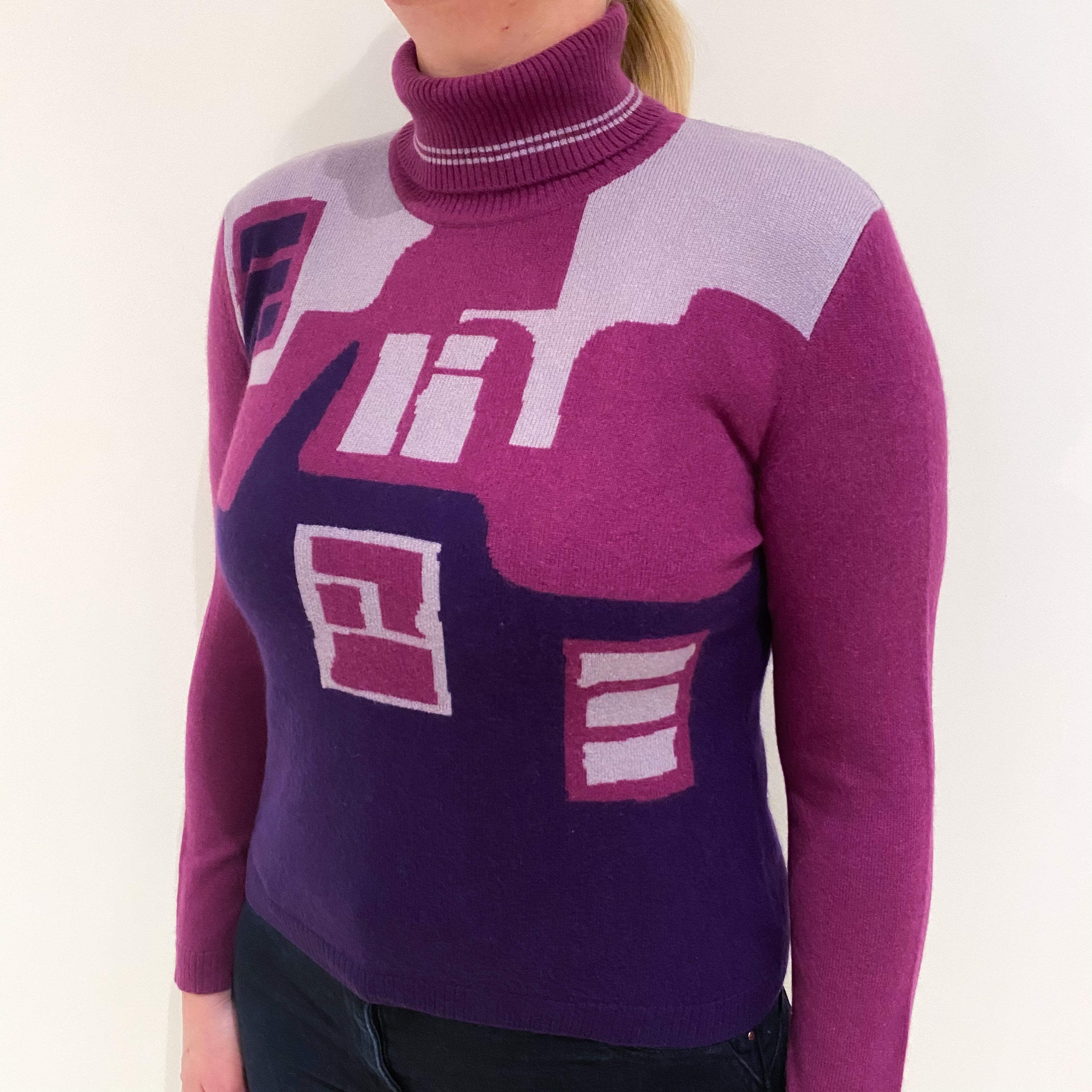 Plum Purple Abstract Cashmere Polo Neck Jumper Large