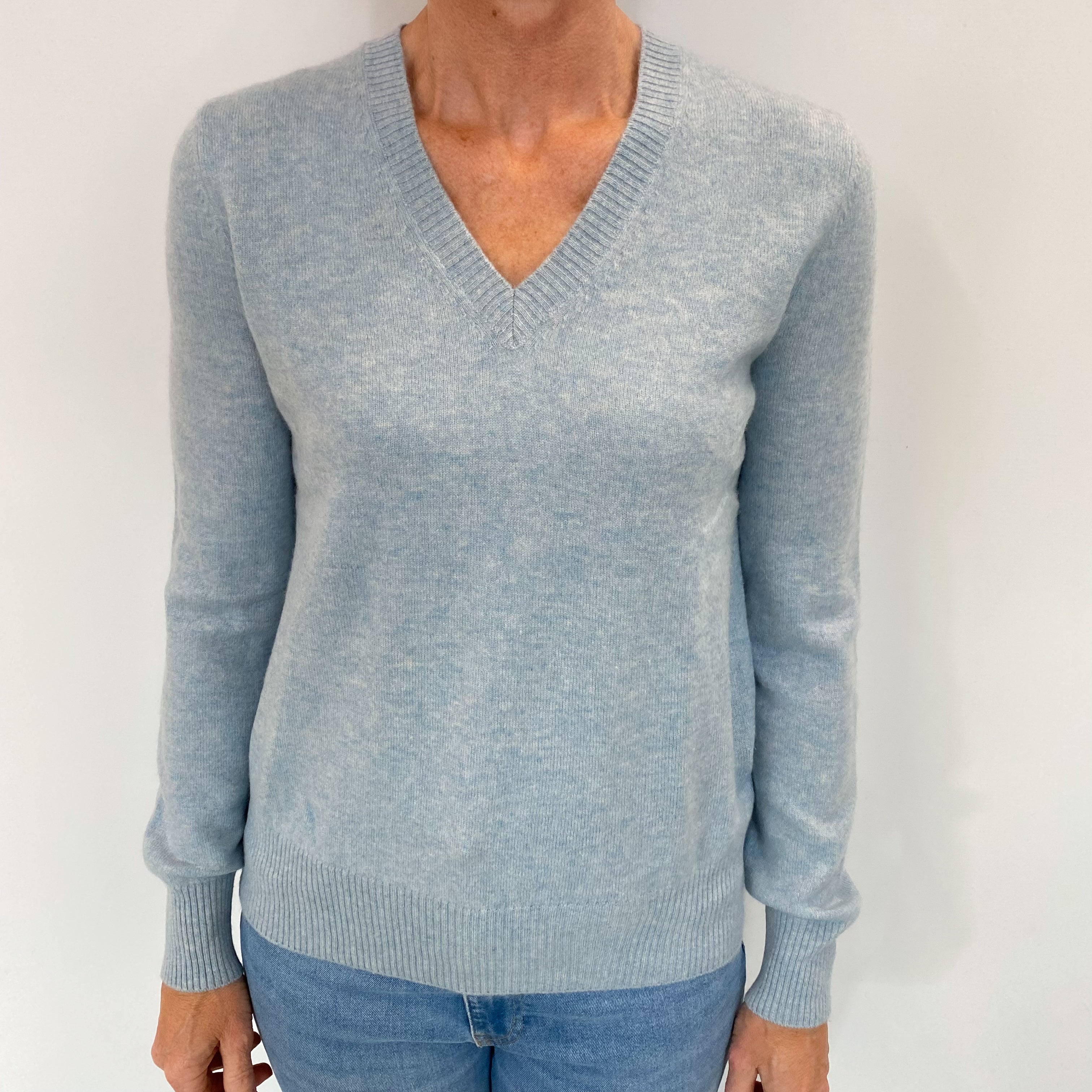 Sky Blue Marl Cashmere V Neck Jumper Small