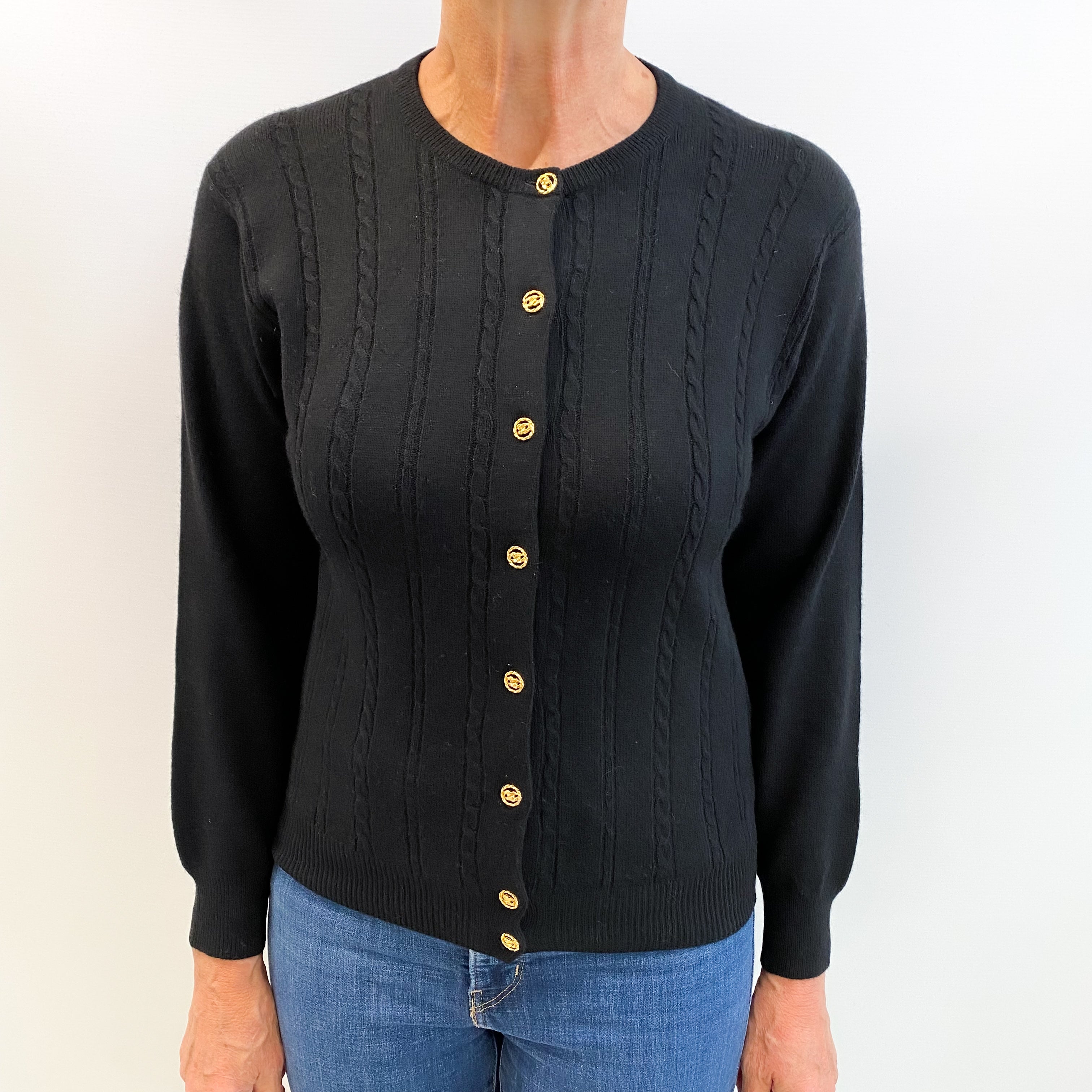 Black Cashmere Crew Neck Cardigan Medium