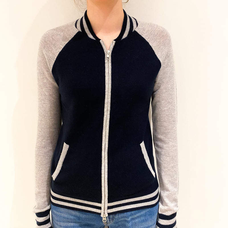 Navy and Smoke Grey Cashmere Zip Up Cardigan Extra Small