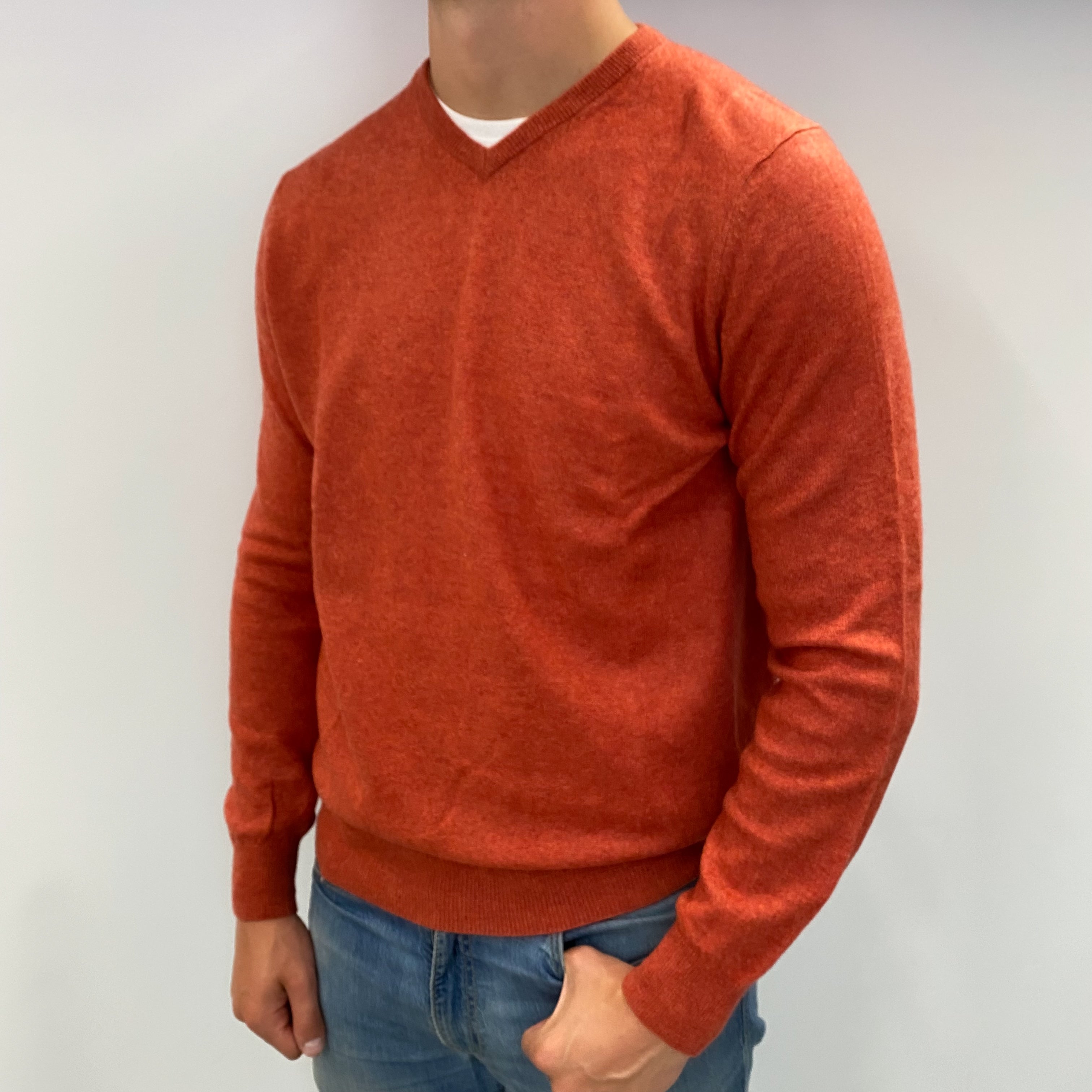 Men's Rust Orange Cashmere V Neck Jumper XL
