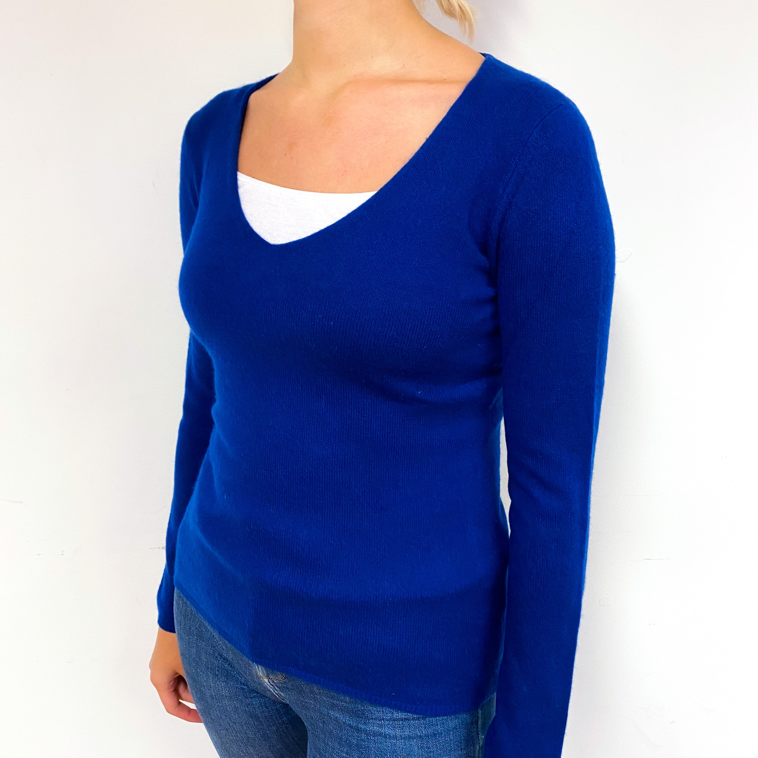Admiral Blue Cashmere Low V-Neck Jumper Small