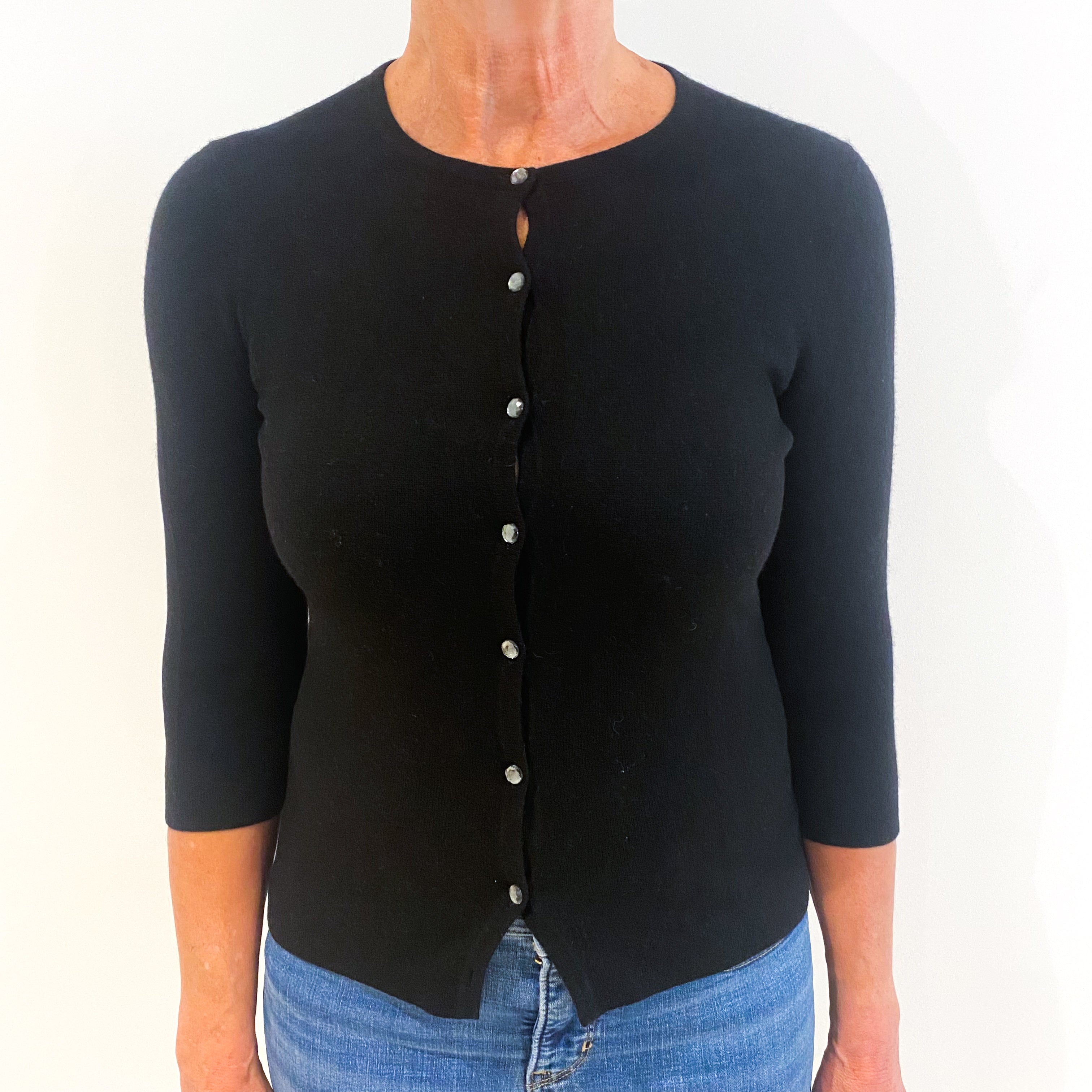 Black Diamanté Buttoned Cashmere Crew Neck Cardigan Medium