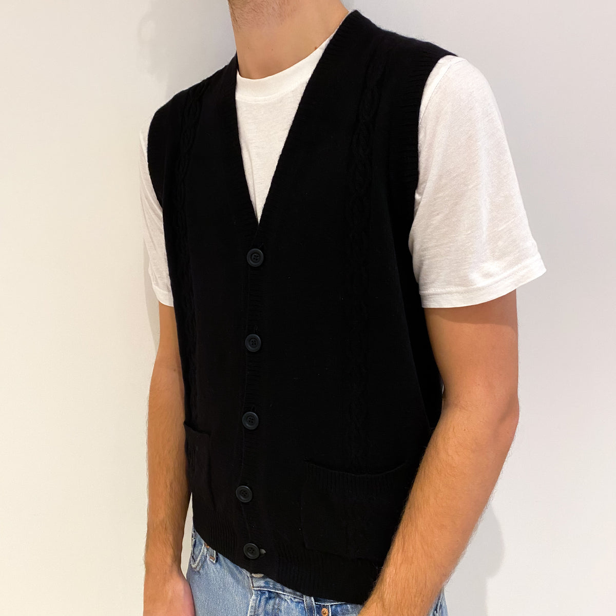 Men's Black Cashmere V Neck Waistcoat Large