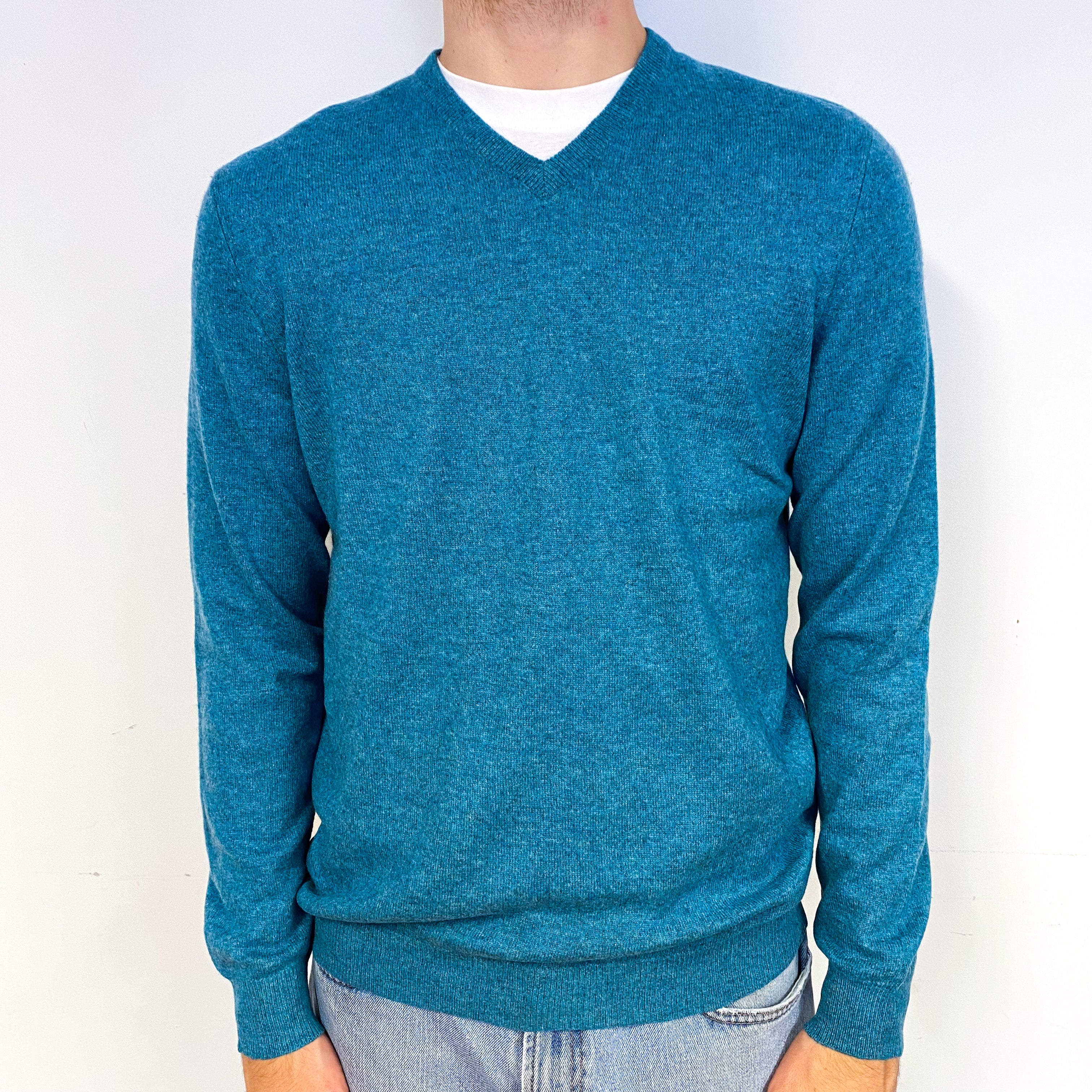 Men's Aqua Blue Cashmere V-Neck Jumper Medium