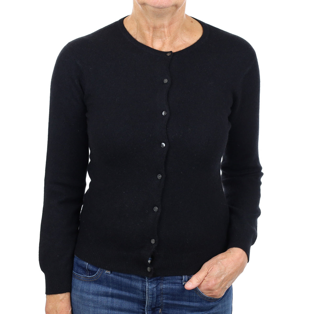 Black Cashmere Crew Neck Cardigan Medium