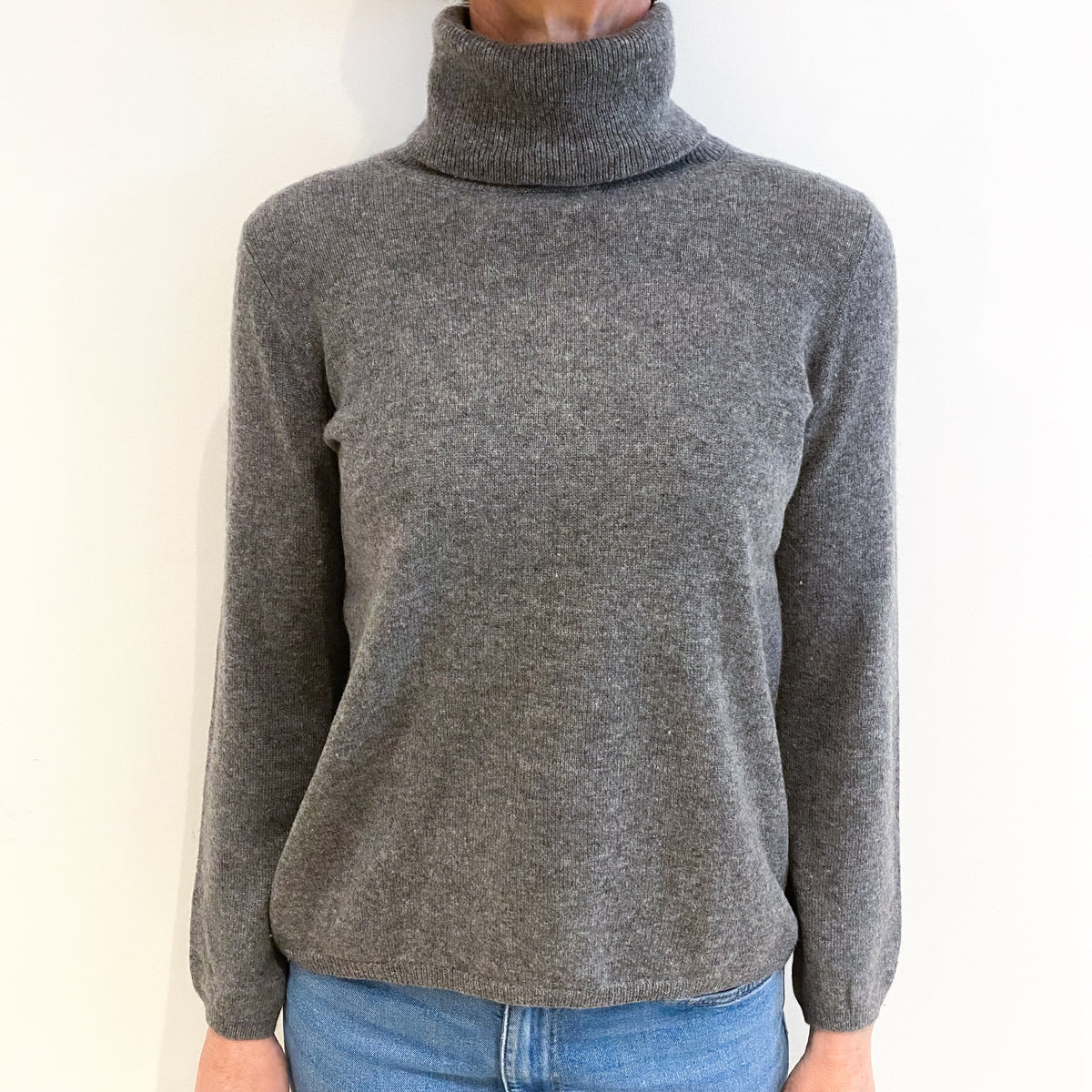 Ash Grey Cashmere Polo Neck Jumper Small