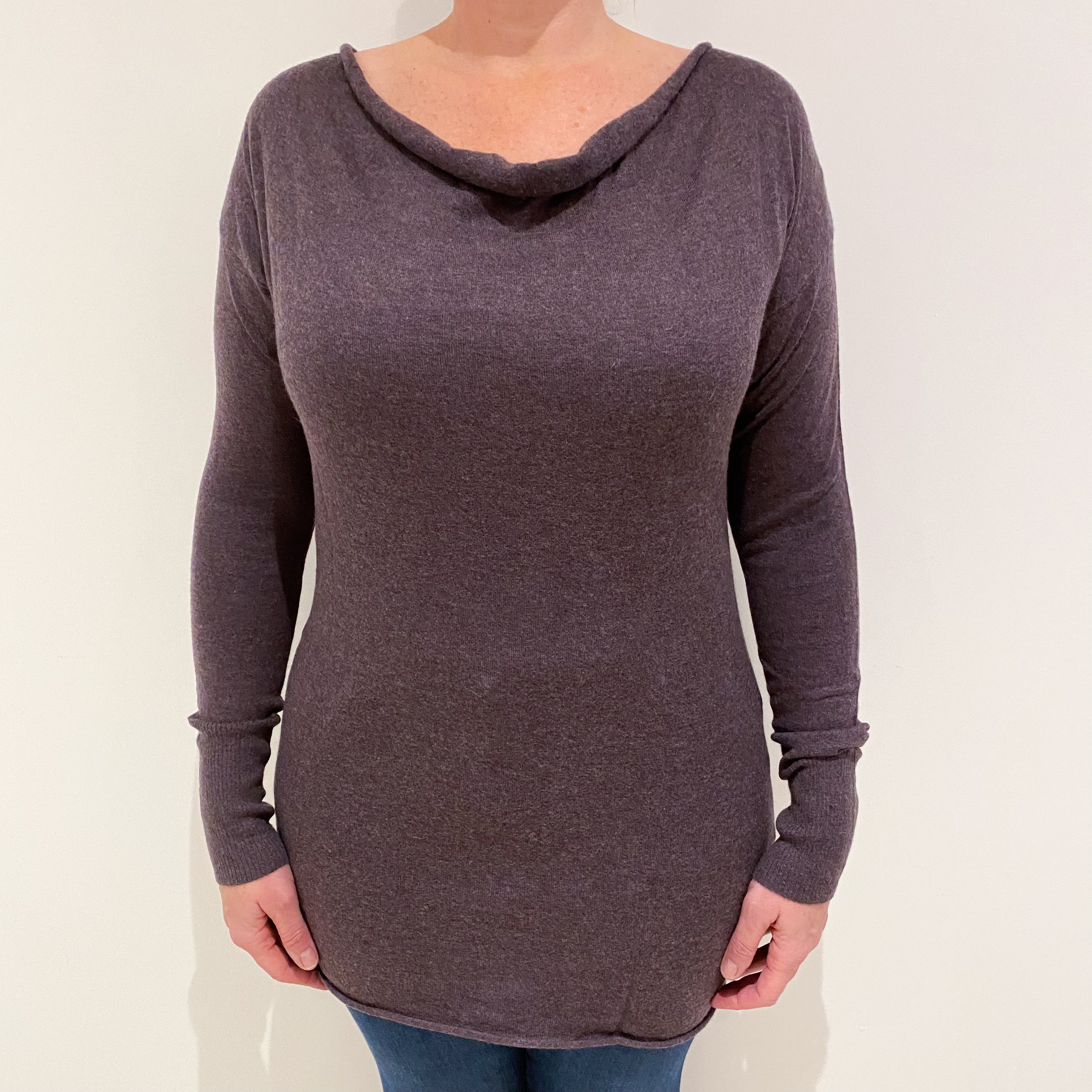 Slate Purple Fine Knit Cashmere Cowl Neck Tunic Large