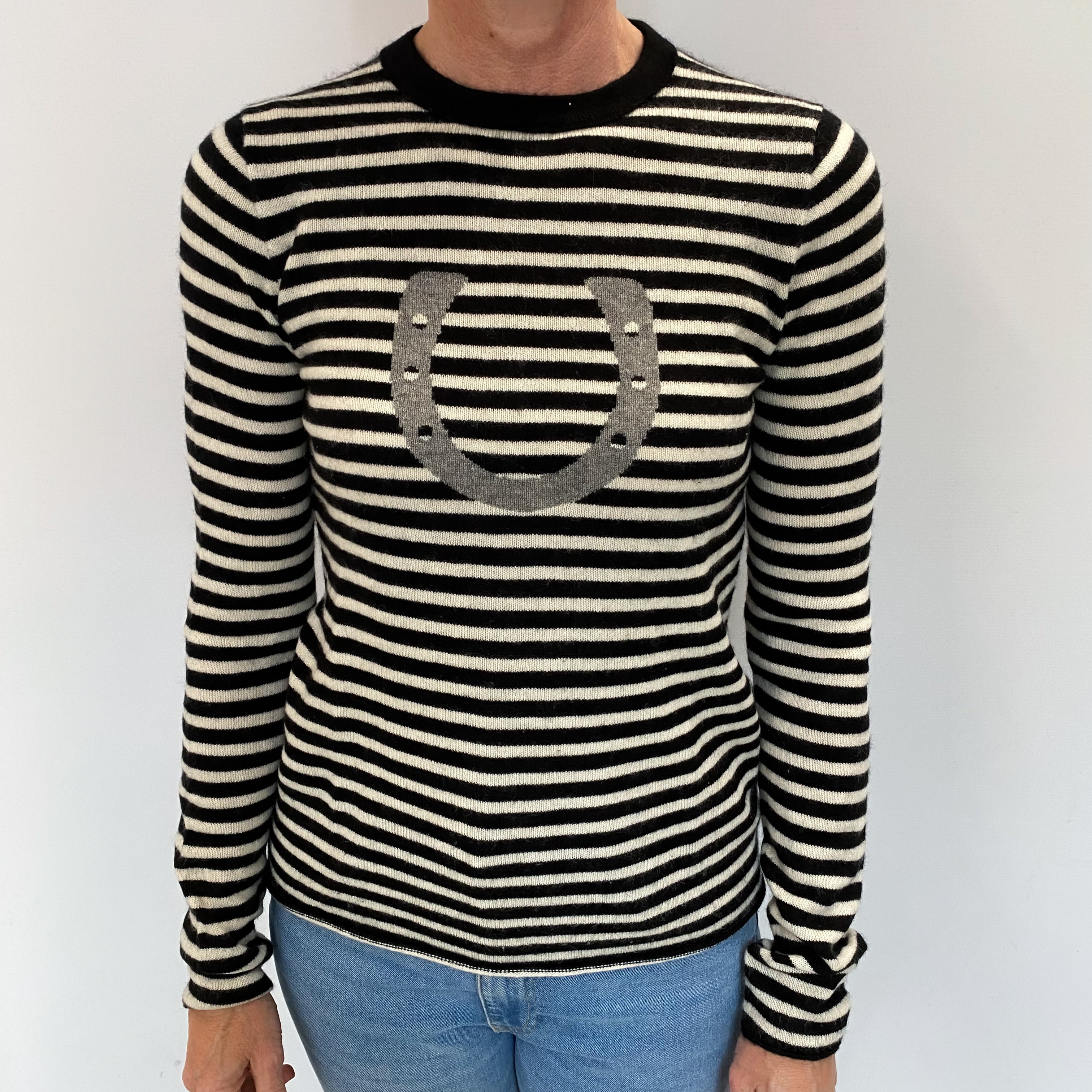 Black Striped Cashmere Crew Neck Jumper Small