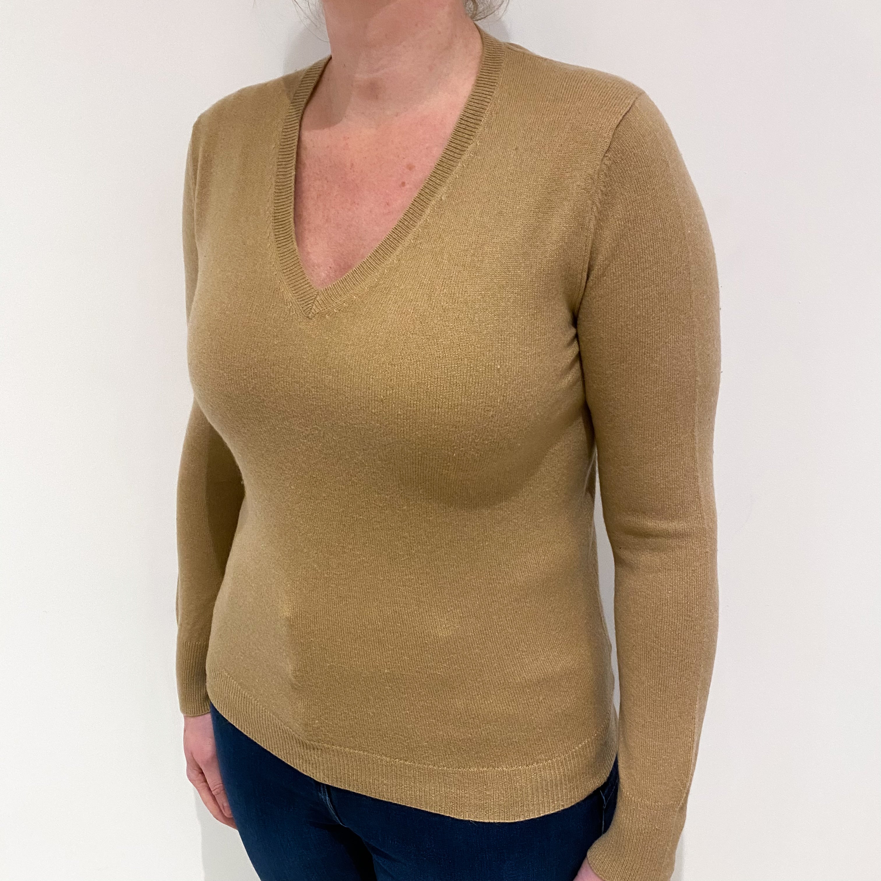 Camel Brown Cashmere V Neck Jumper Large