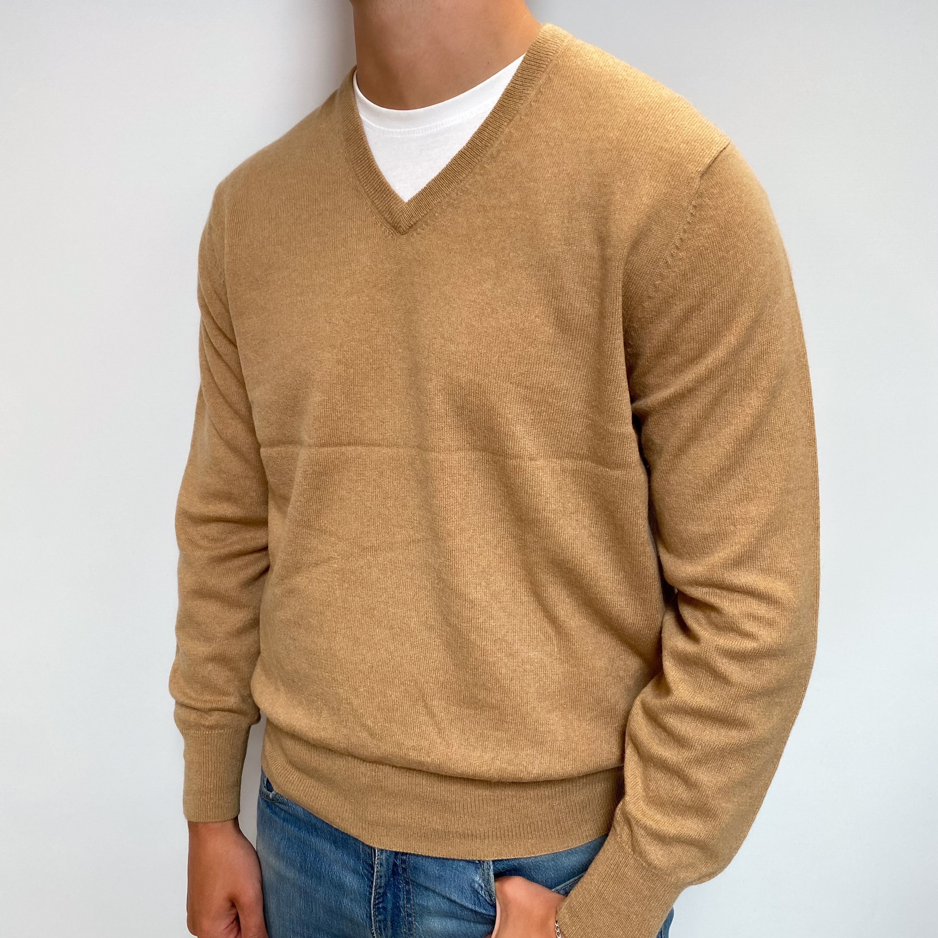 Men's Caramel Brown Cashmere V Neck Jumper XL